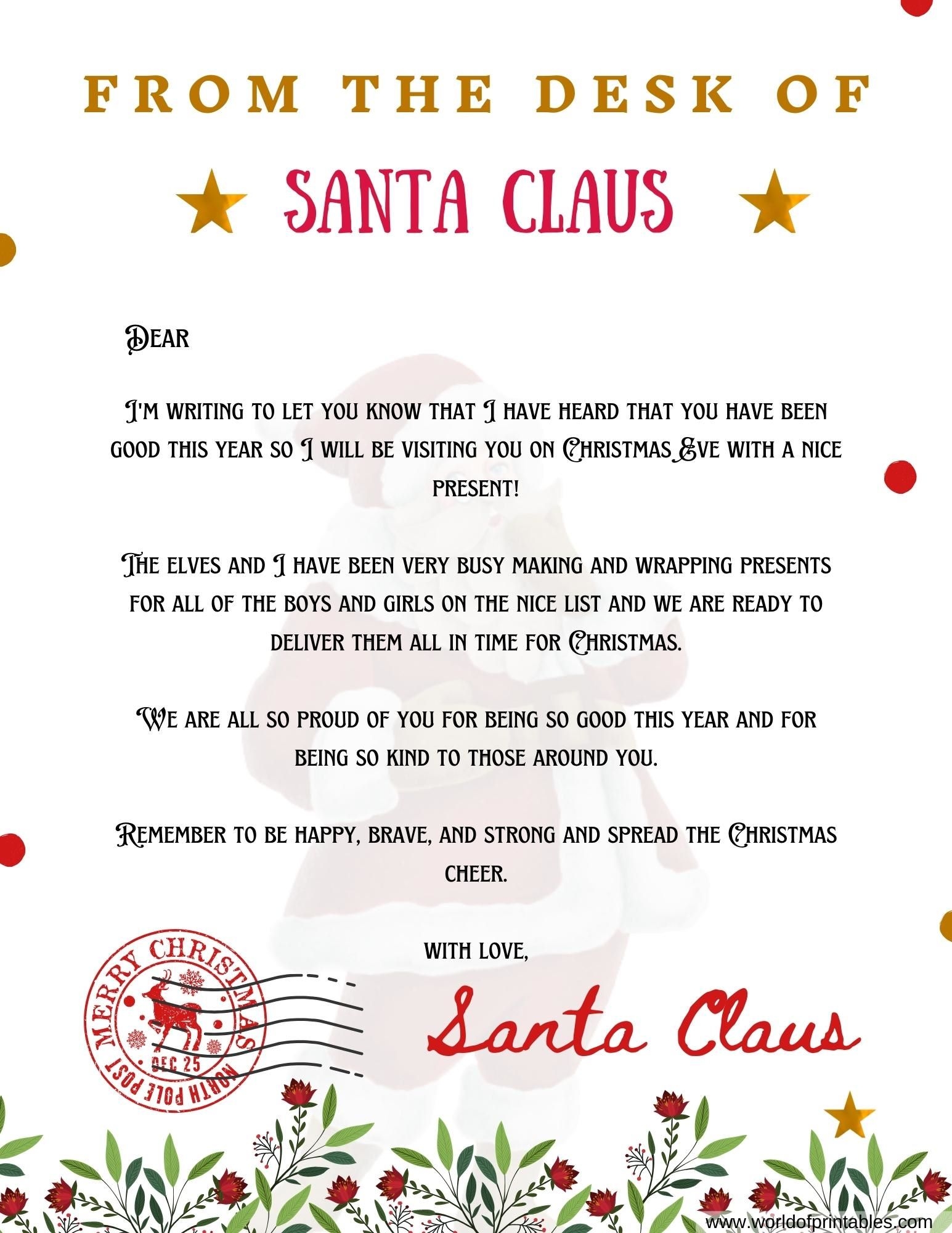 Free Letter From Santa Printable Template