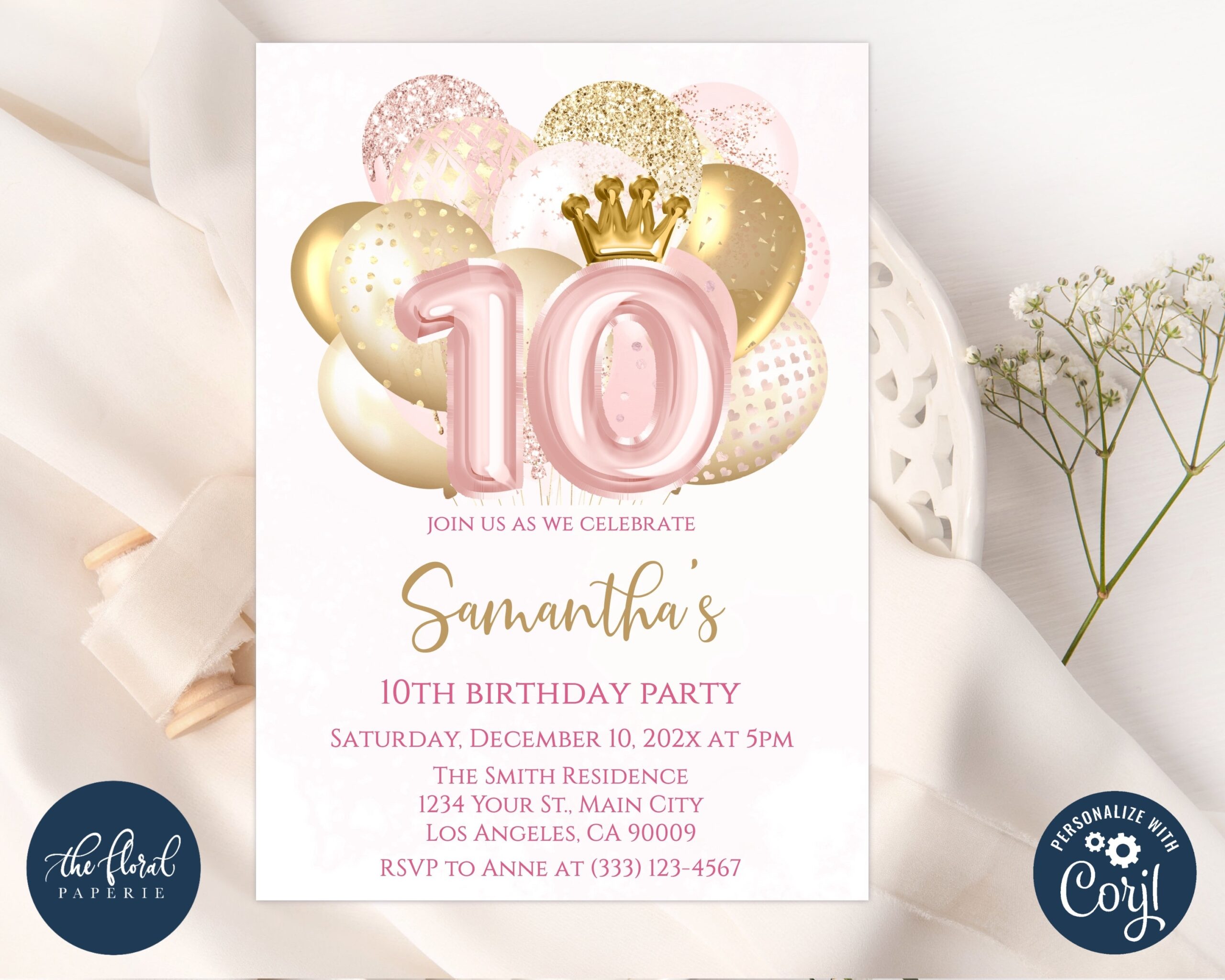 10th Birthday Invitation Template Editable Blush And Gold 10th Birthday Invitation Template Editable Blush And Gold