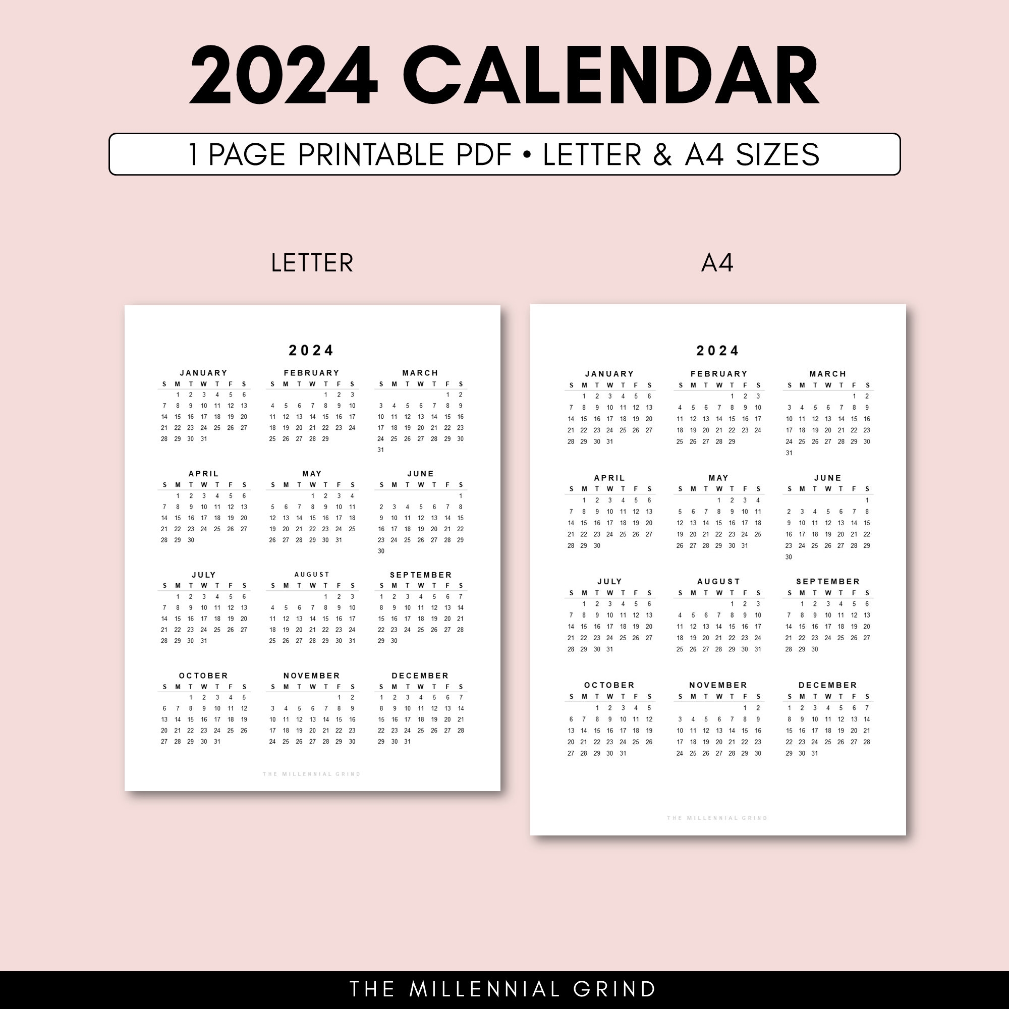 2024 Calendar Printable 2024 Calendar Template 2024 Calendar 2024 Calendar Digital 2024 Yearly Calendar 2024 Calendar A4 Letter Etsy
