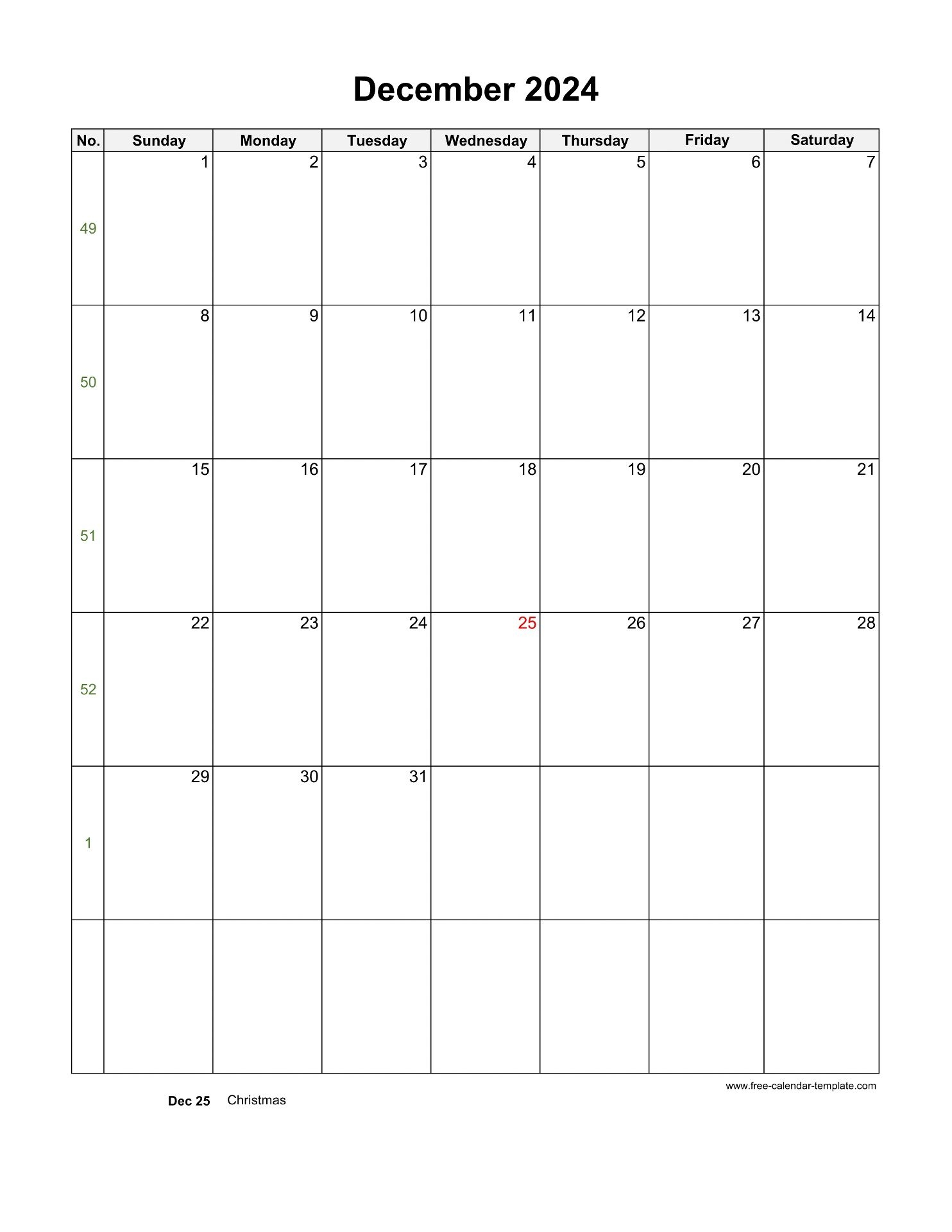 2024 December Calendar Blank Vertical Template Free calendar 