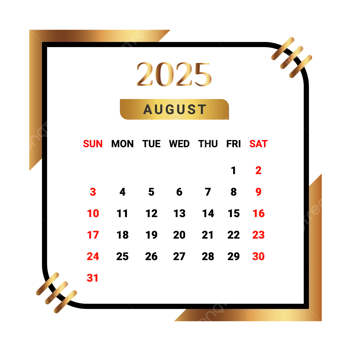 2025 August Month Calendar With Black And Golden Vector Monthly Calendar Calendar August 2025 PNG And Vector With Transparent Background For Free Download 2025 August Month Calendar With Black And Golden Vector Monthly Calendar Calendar August 2025 PNG And Vector With Transparent Background For Free Download