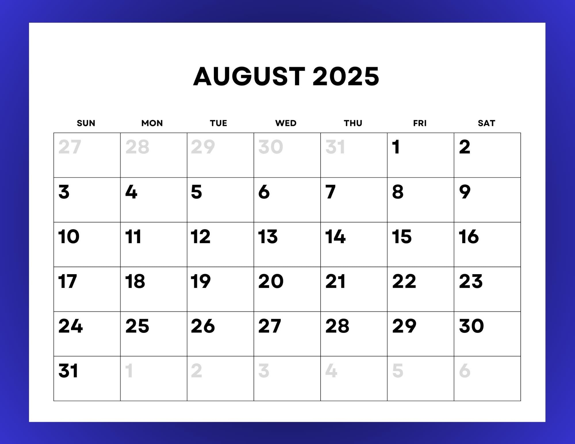 2025 Calendar Monthly Printable With Large Numbers Etsy