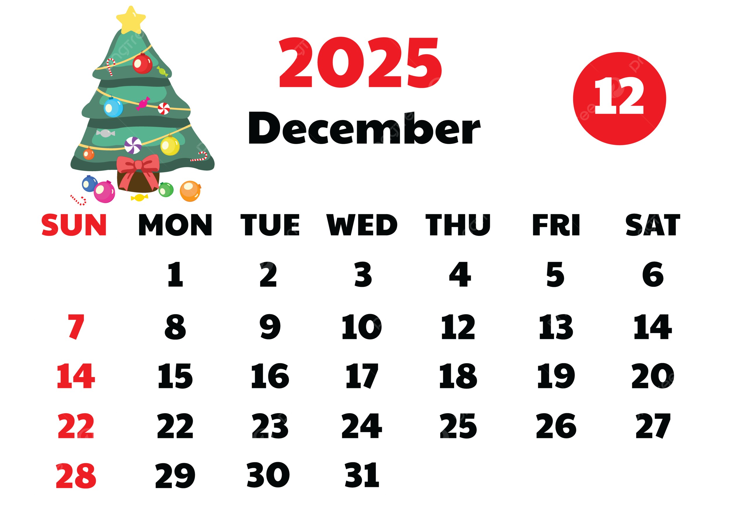 2025 December Calendar Transperent Cute Design Vector With Cartoon Christmas Tree Christmas Clipart Tree Clipart Cute Clipart PNG And Vector With Transparent Background For Free Download