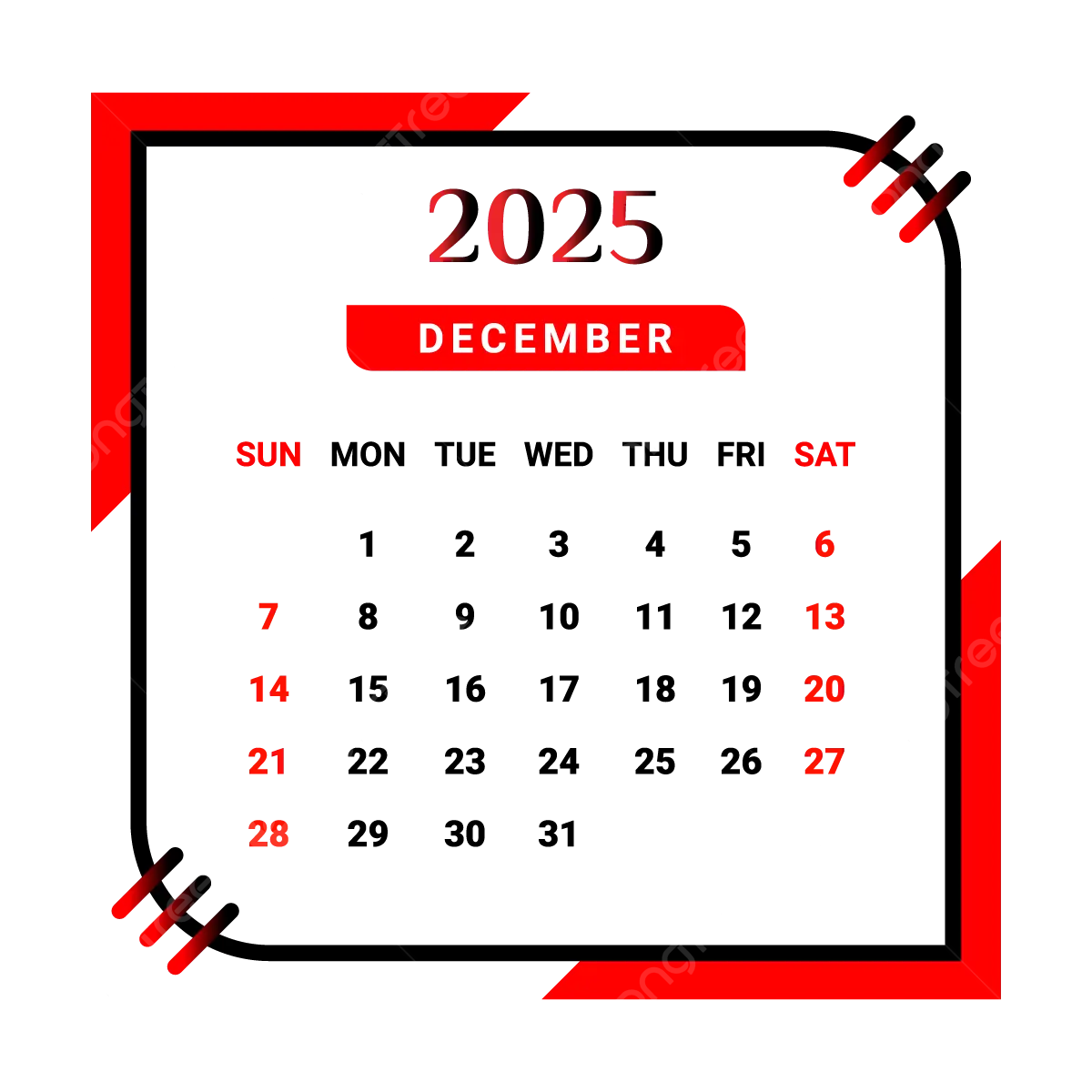 Black Calendar December 2025