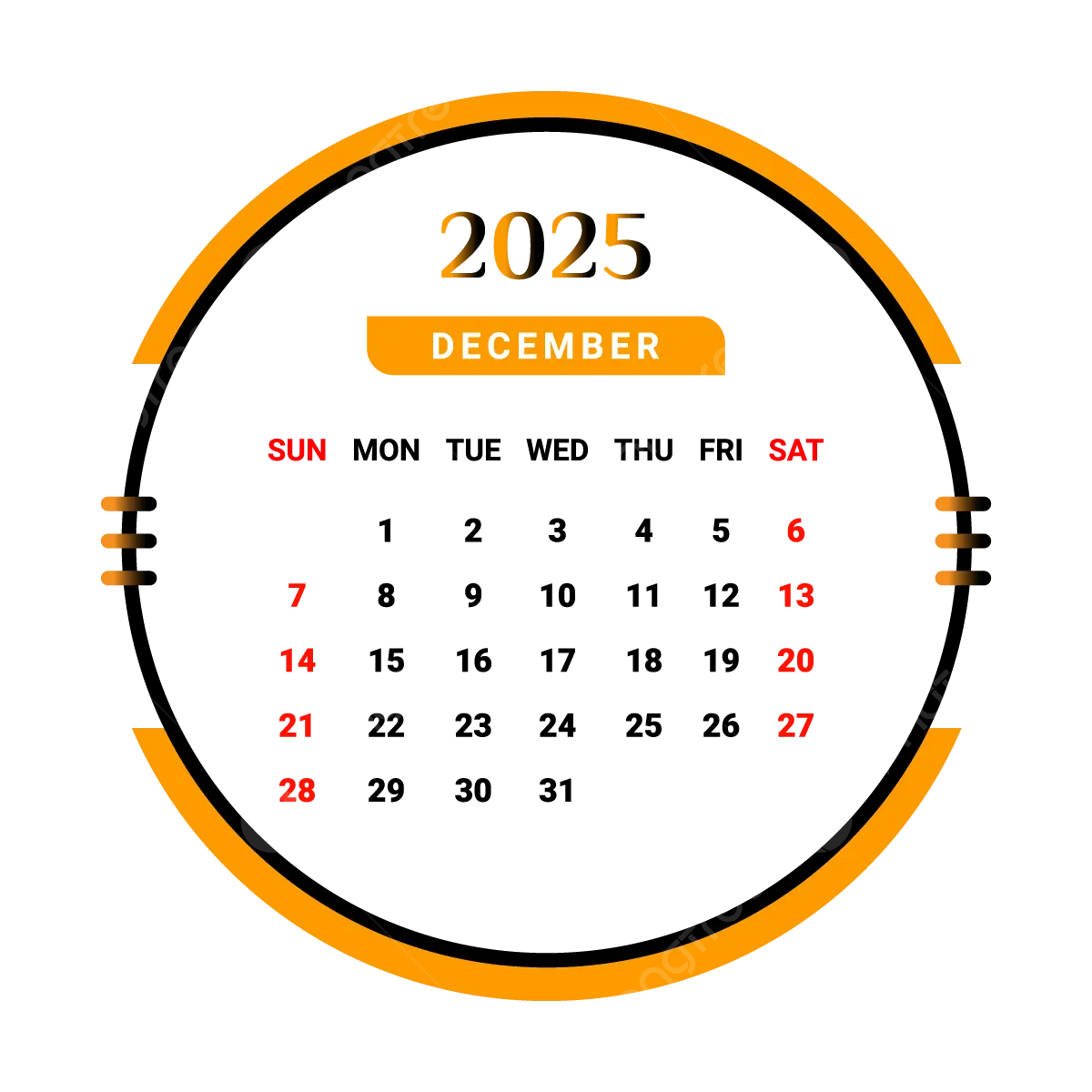 2025 December Month Calendar Yellow And Black Vector Monthly Calendar Calendar December 2025 PNG And Vector With Transparent Background For Free Download