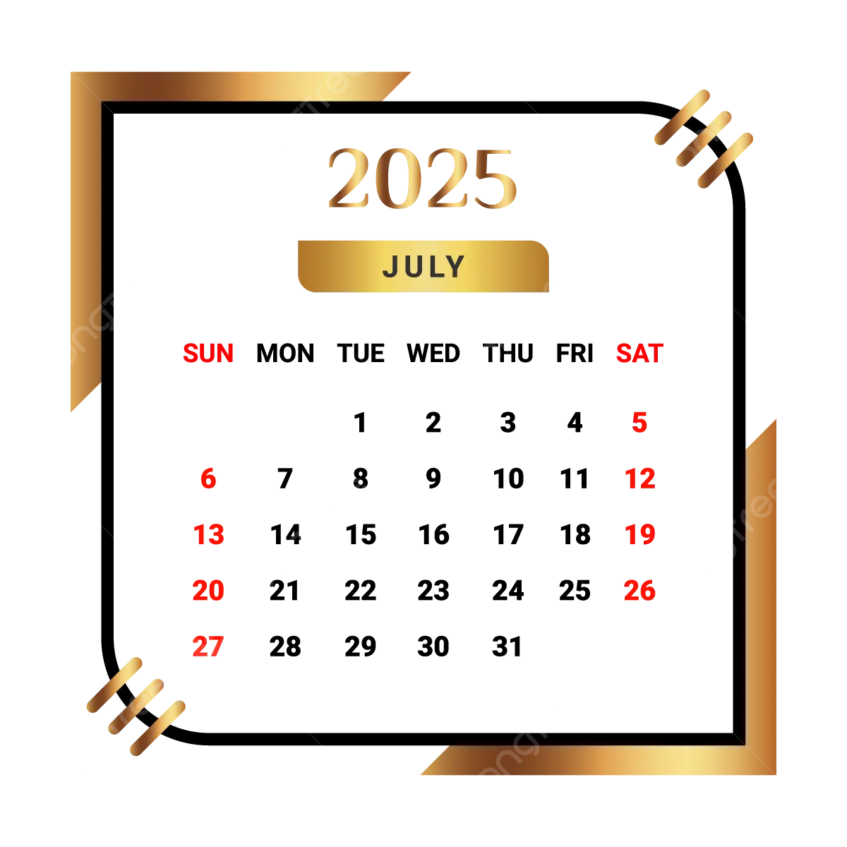 2025 July Month Calendar With Black And Golden Vector Monthly Calendar Calendar July 2025 PNG And Vector With Transparent Background For Free Download
