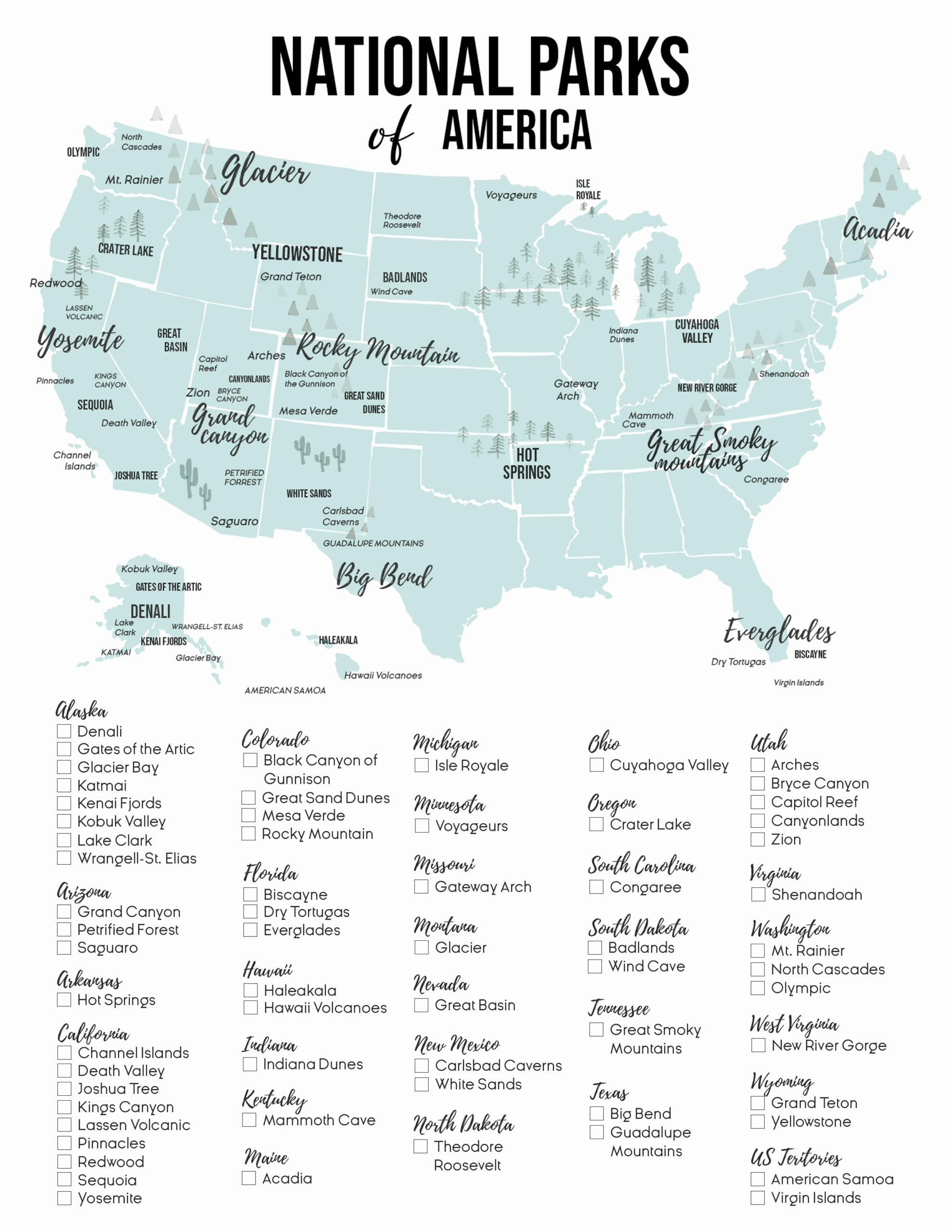 Printable National Park Map Printable National Park Map