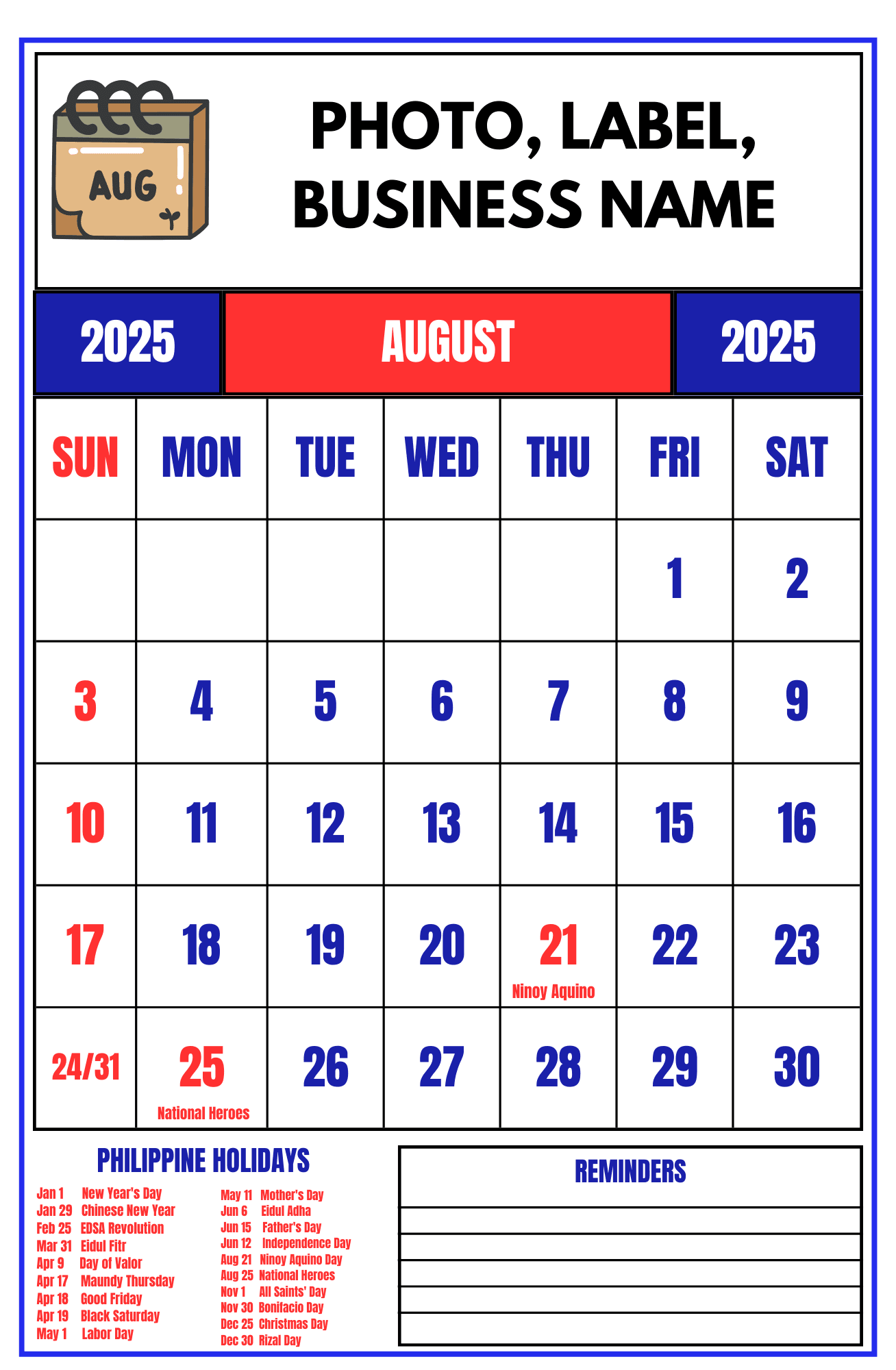August 2025 Calendar With Holidays Philippines