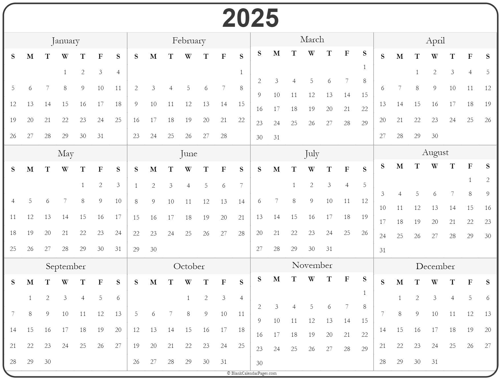 2025 Year Calendar Yearly Printable