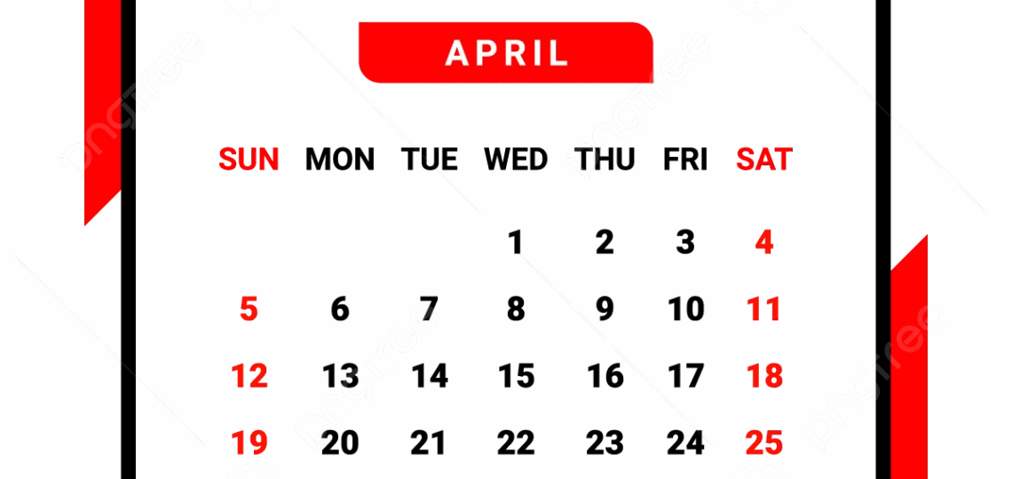 2026 April Month Calendar With Black And Red Vector Monthly