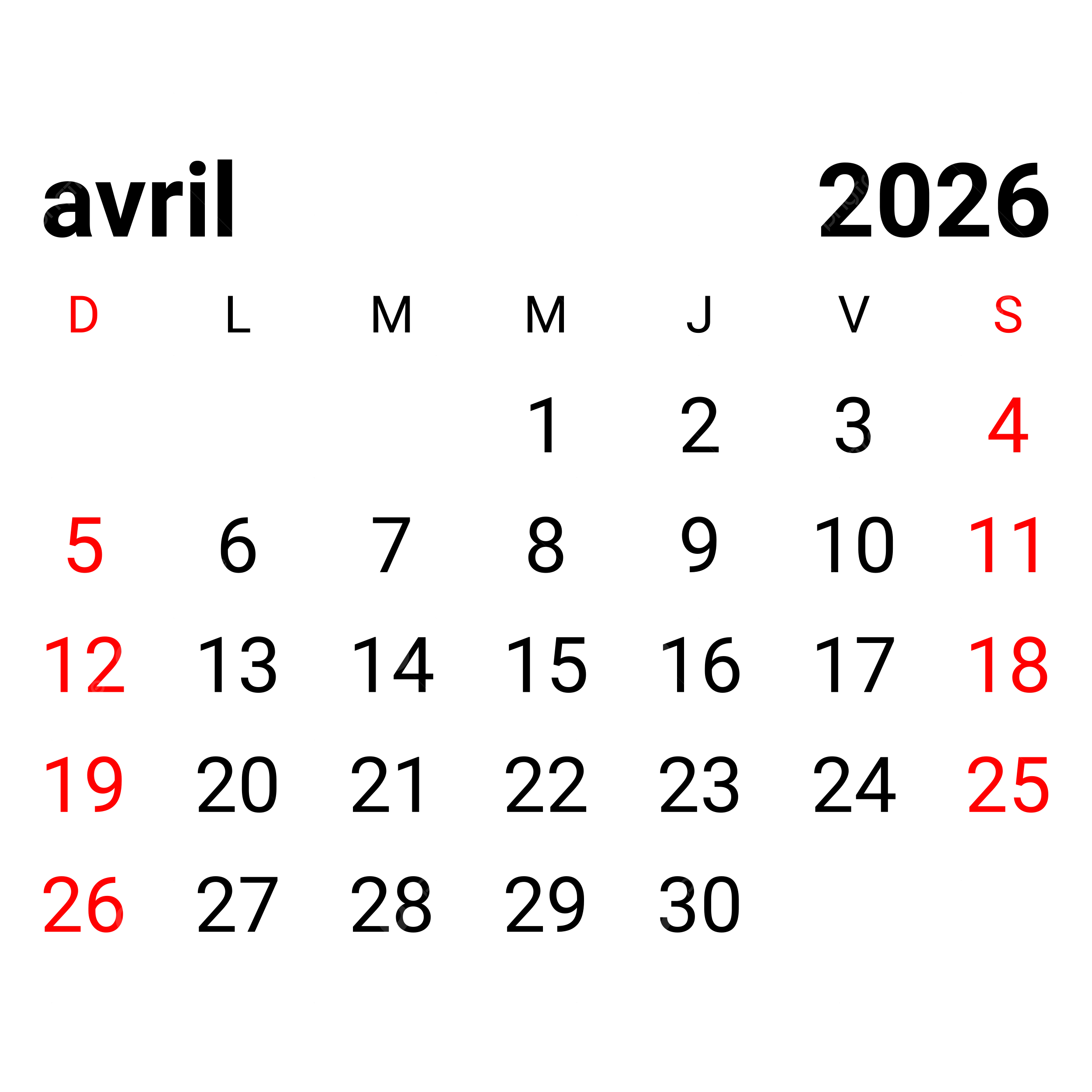 2026 April Monthly French Calendar Vector 2026 April Monthly French Calendar 2026 April Calendar PNG And Vector With Transparent Background For Free Download