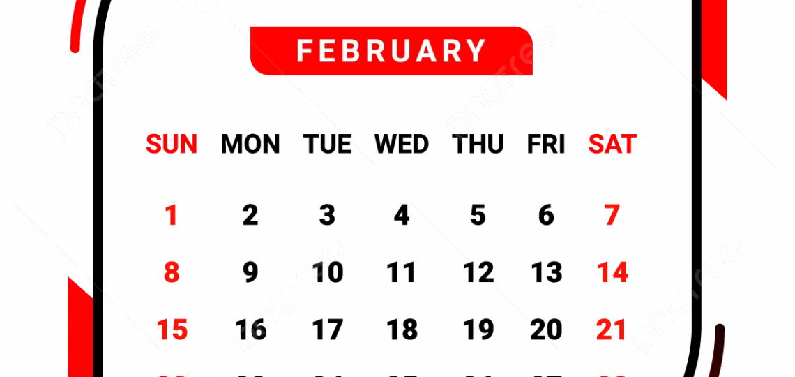 2026 February Month Calendar With Red And Black Vector Monthly Calendar Calendar February 2026 PNG And Vector With Transparent Background For Free Download