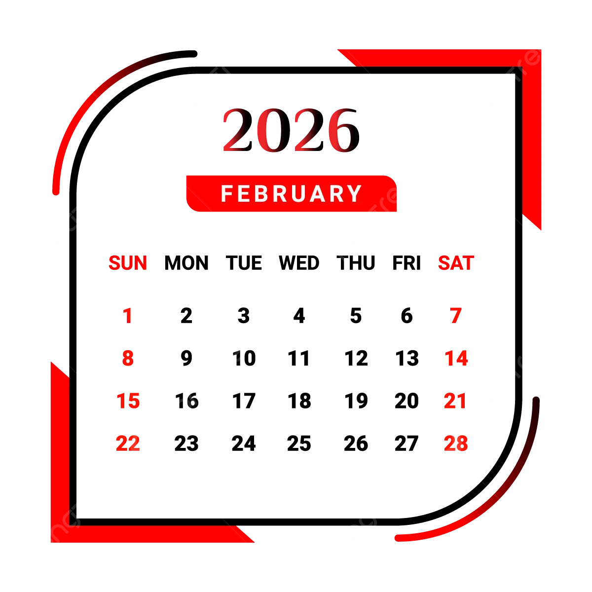 2026 February Month Calendar With Red And Black Vector Monthly Calendar Calendar February 2026 PNG And Vector With Transparent Background For Free Download