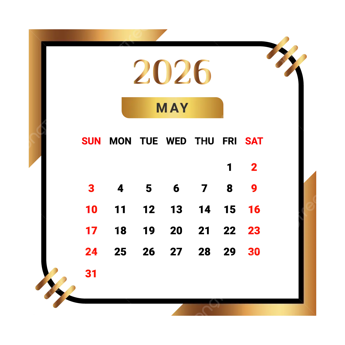 2026 May Month Calendar With Black And Golden Vector Monthly Calendar Calendar May 2026 PNG And Vector With Transparent Background For Free Download 2026 May Month Calendar With Black And Golden Vector Monthly Calendar Calendar May 2026 PNG And Vector With Transparent Background For Free Download