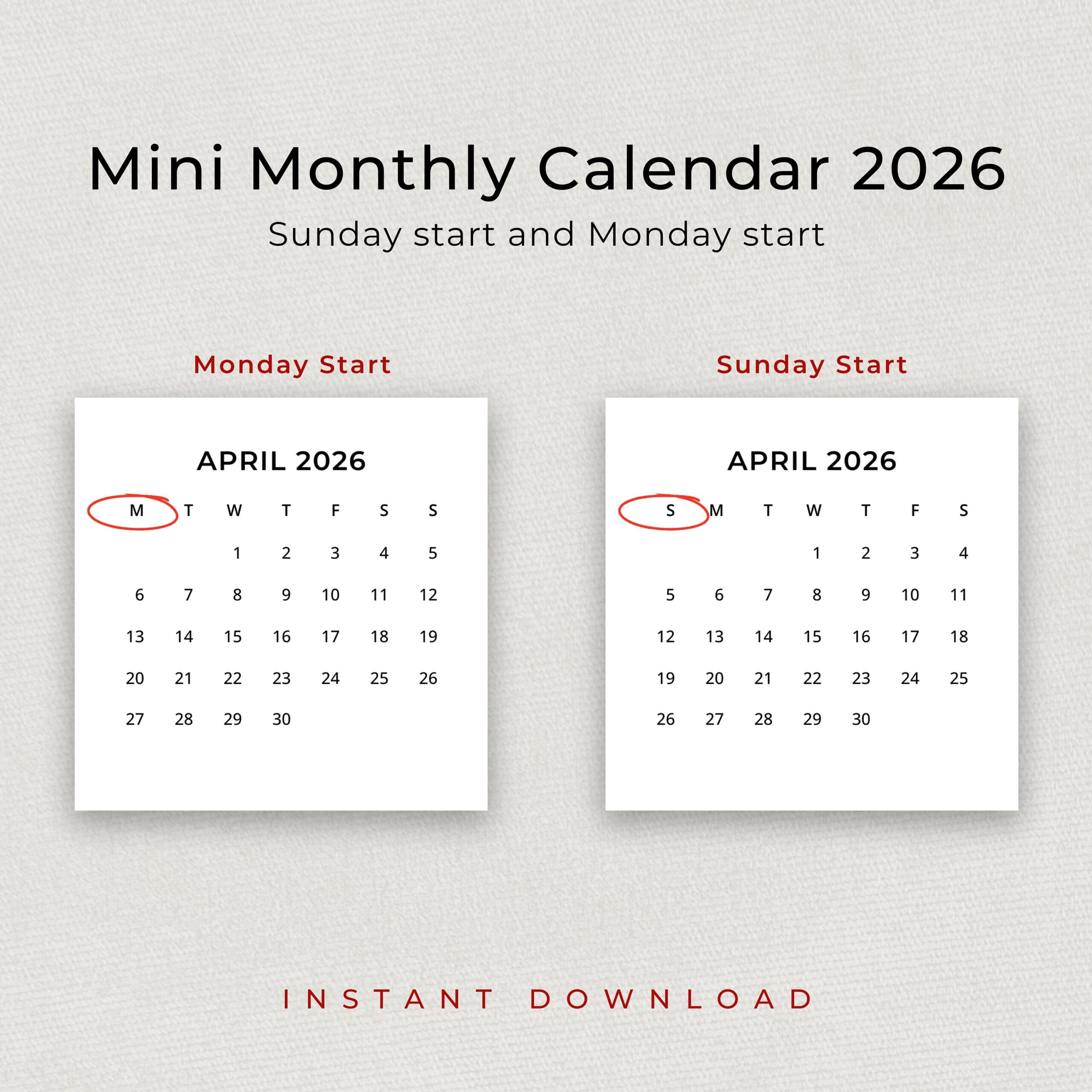2026 Mini Calendar 2026 Small Calendar Printable 2026 Minimalist 
