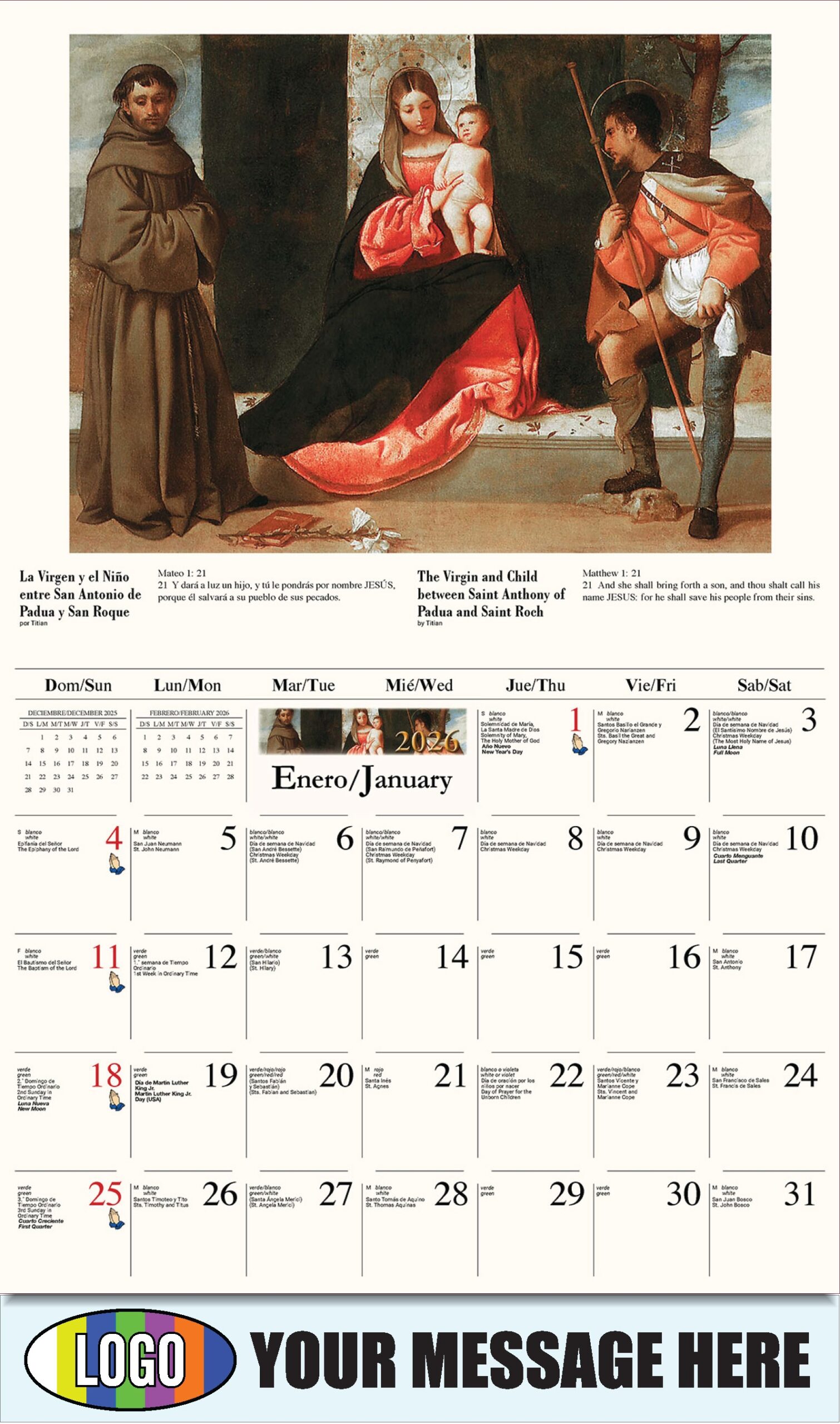 2026 Promotional Calendar Catholic Art Bilingual Low As 65 