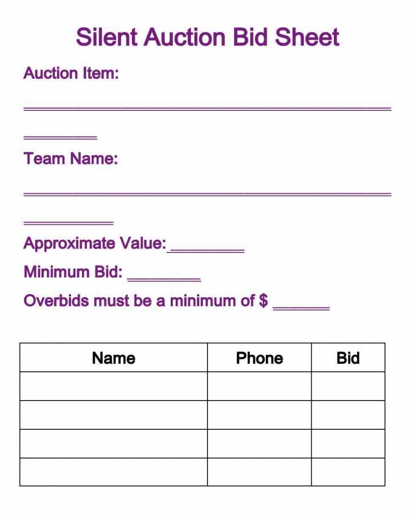 Silent Auction Bid Sheet Free Printable