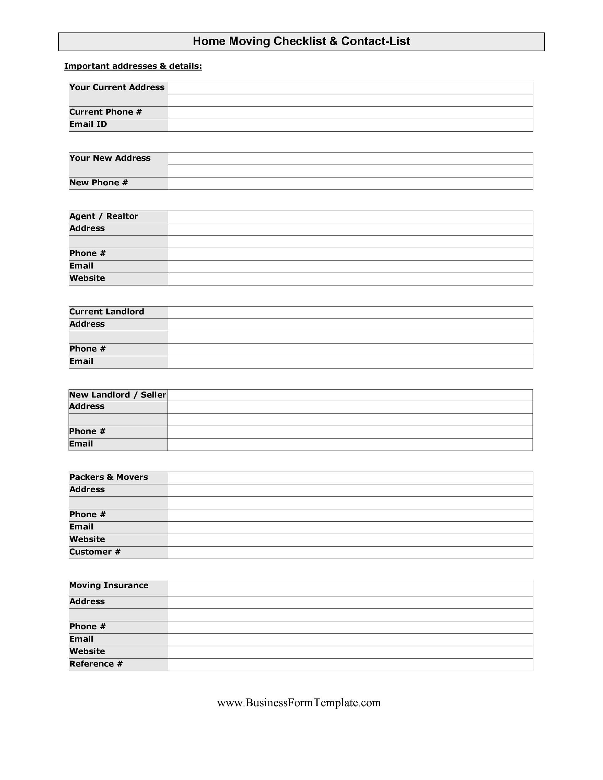 Moving Checklist Printable Template Free