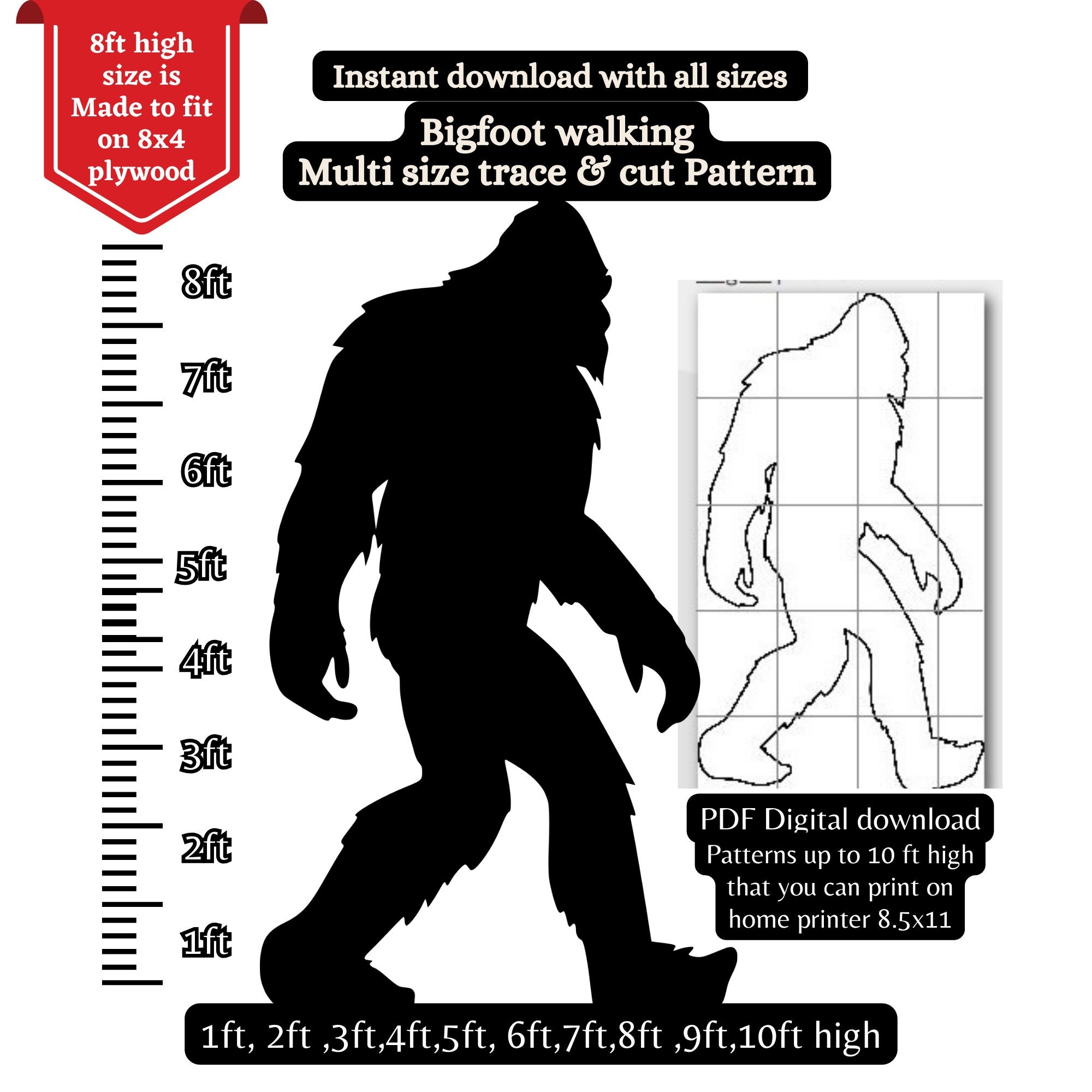 7ft 8ft 10ft Life Size Bigfoot Pattern Scroll Saw Sasquatch Silhouette Stencil Template Bundle Printable Trace Cutout PDF 8x4 Ft Plywood Etsy