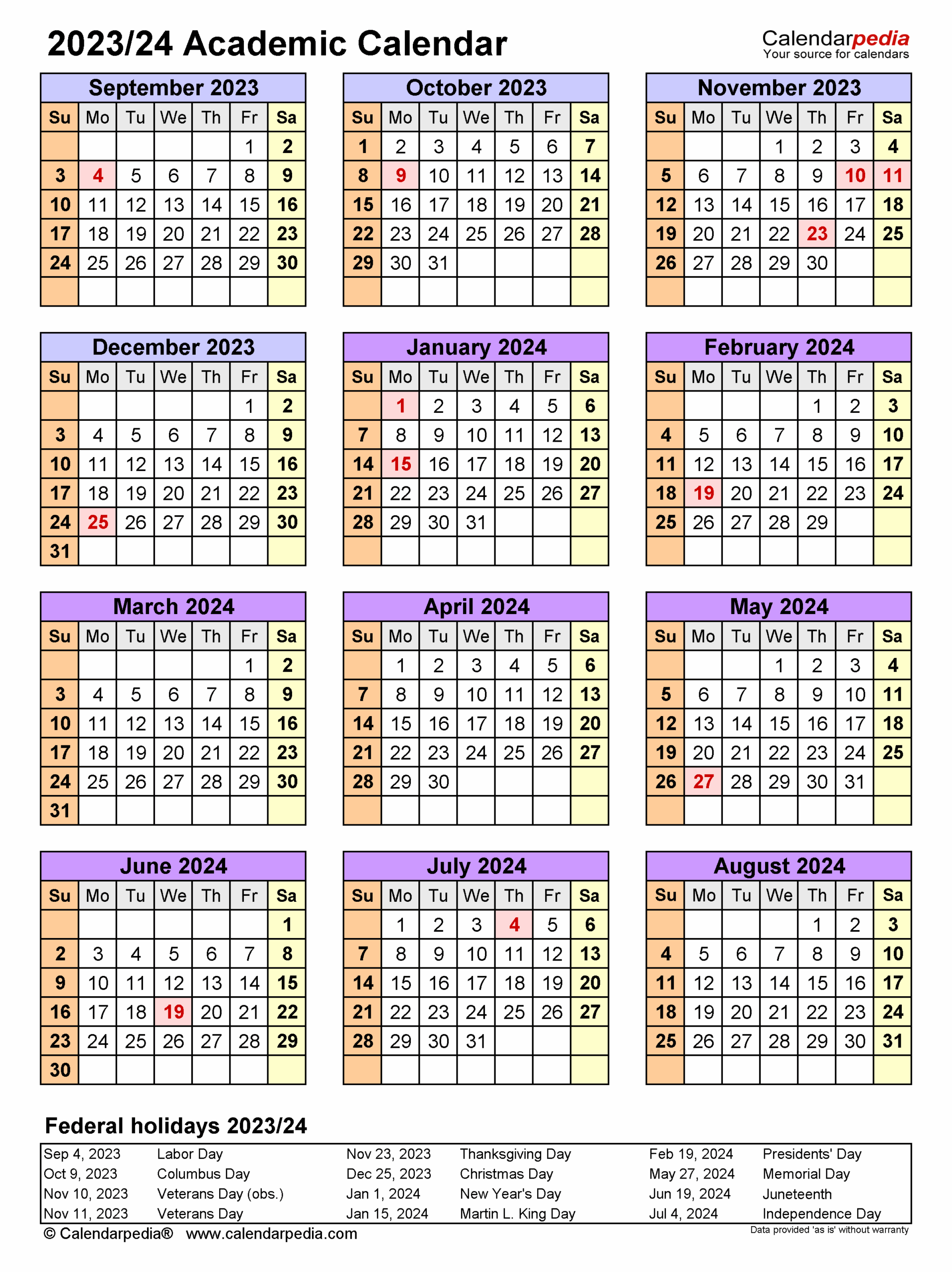 Academic Calendars 2023 2024 Free Printable Word Templates