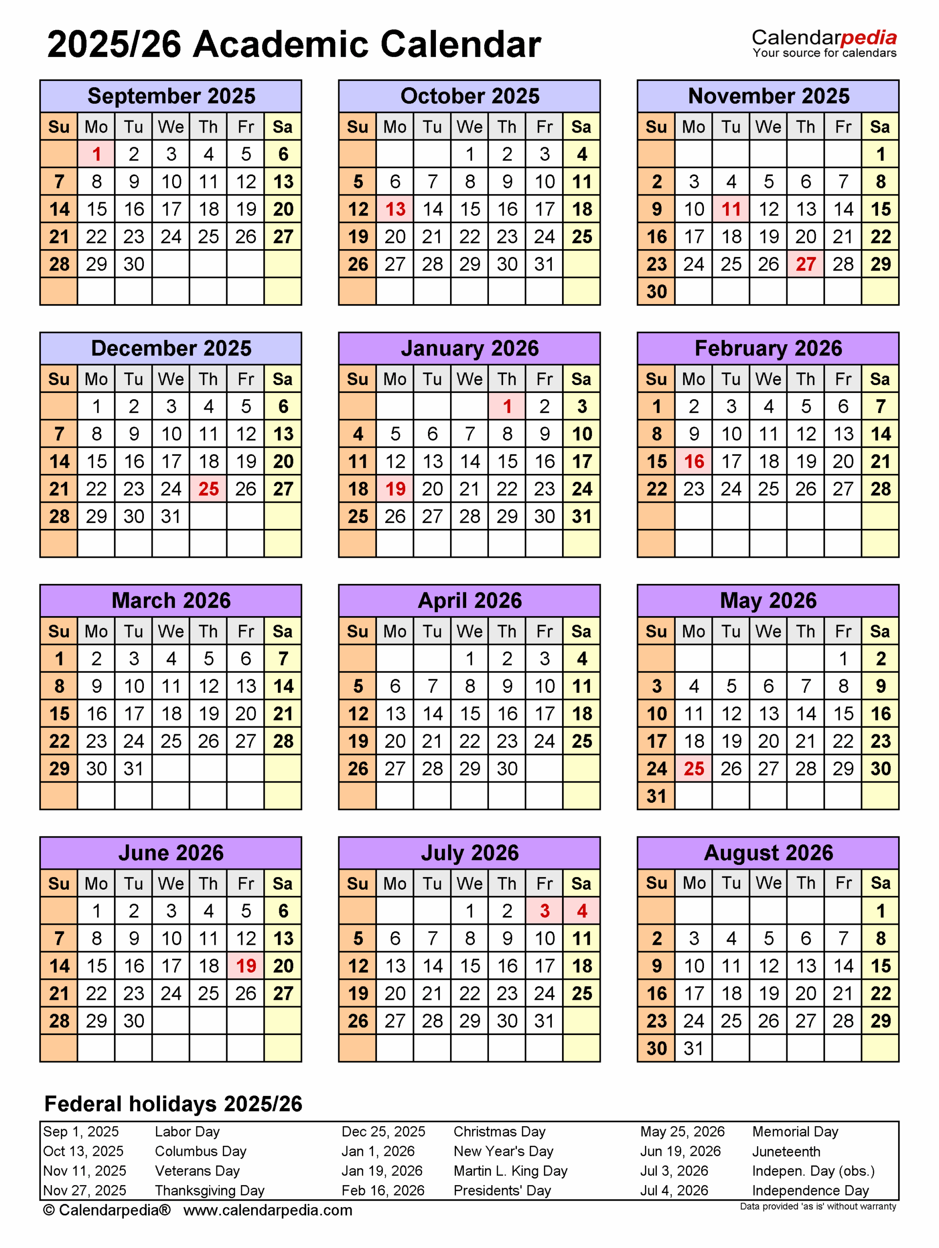 Academic Calendars 2025 2026 Free Printable PDF Templates Academic Calendars 2025 2026 Free Printable PDF Templates