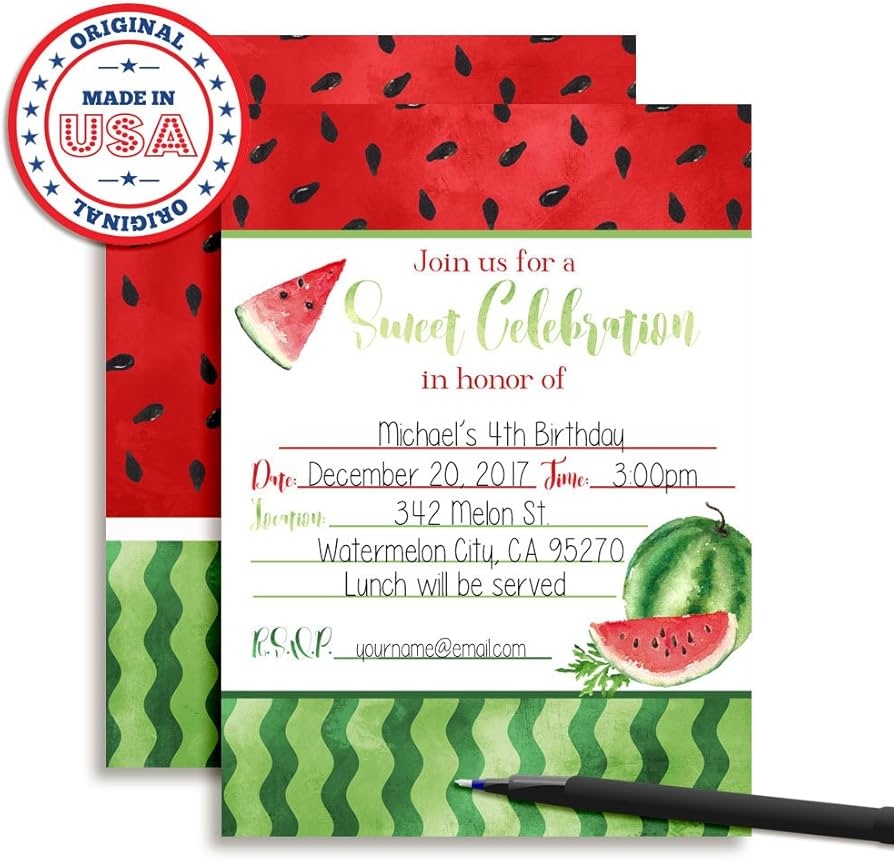Amazon Watercolor Watermelon Birthday Party Invitations 20 5x7 Fill In Cards With Twenty White Envelopes By AmandaCreation Home U0026 Kitchen