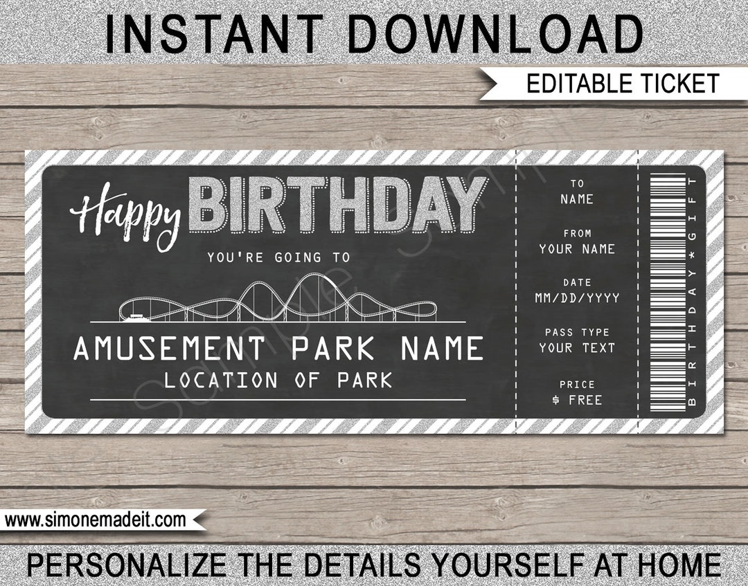 Amusement Park Ticket Birthday Gift Printable Template Theme Park Surprise Ticket Coupon EDITABLE TEXT DOWNLOAD You Personalize Etsy
