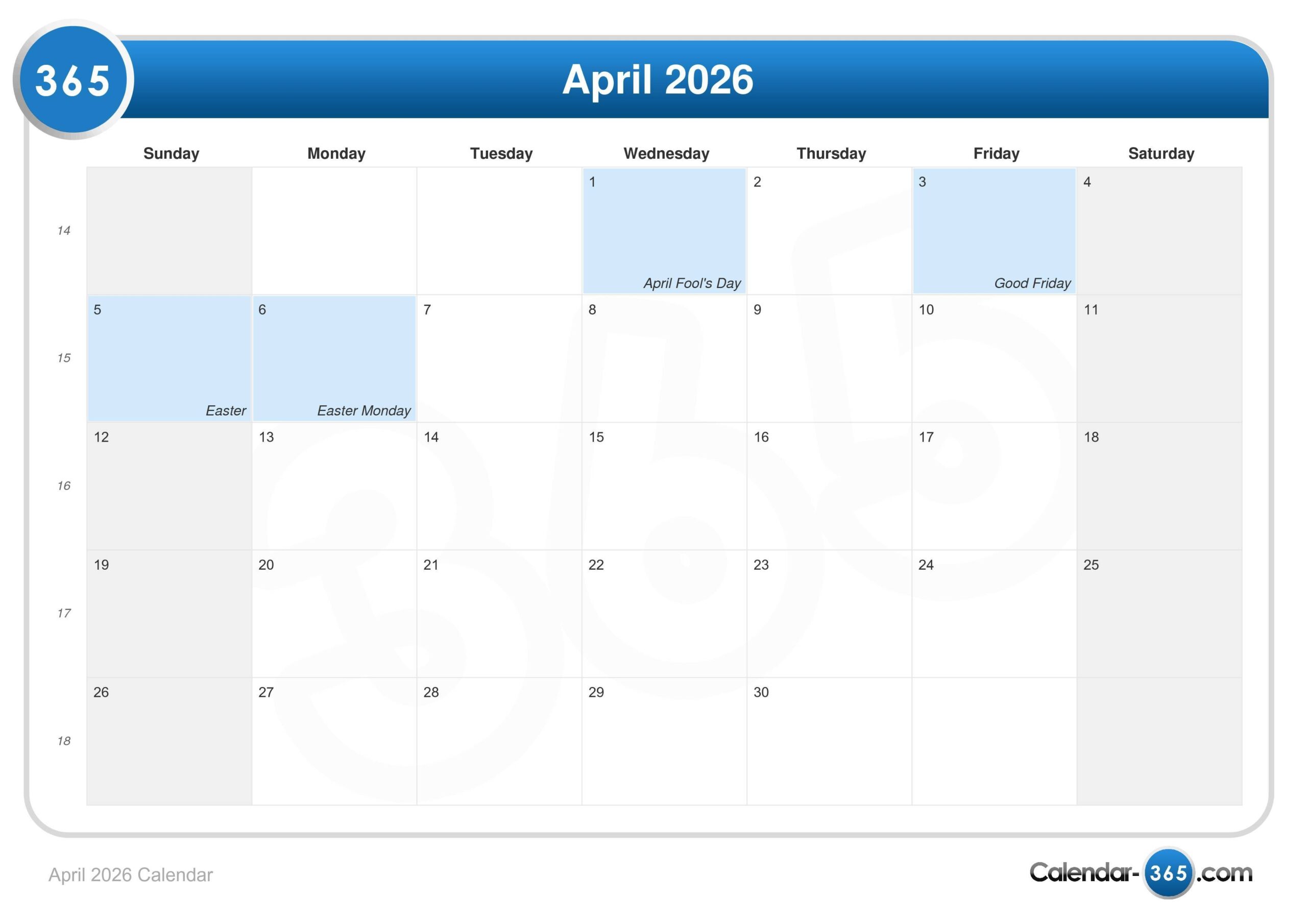 April Calendar 2026 Dates April Calendar 2026 Dates