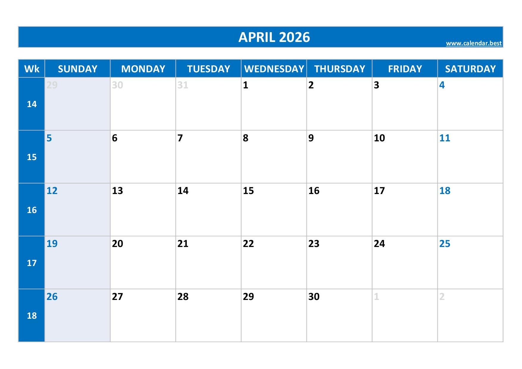 April 2026 Work Calendar April 2026 Work Calendar
