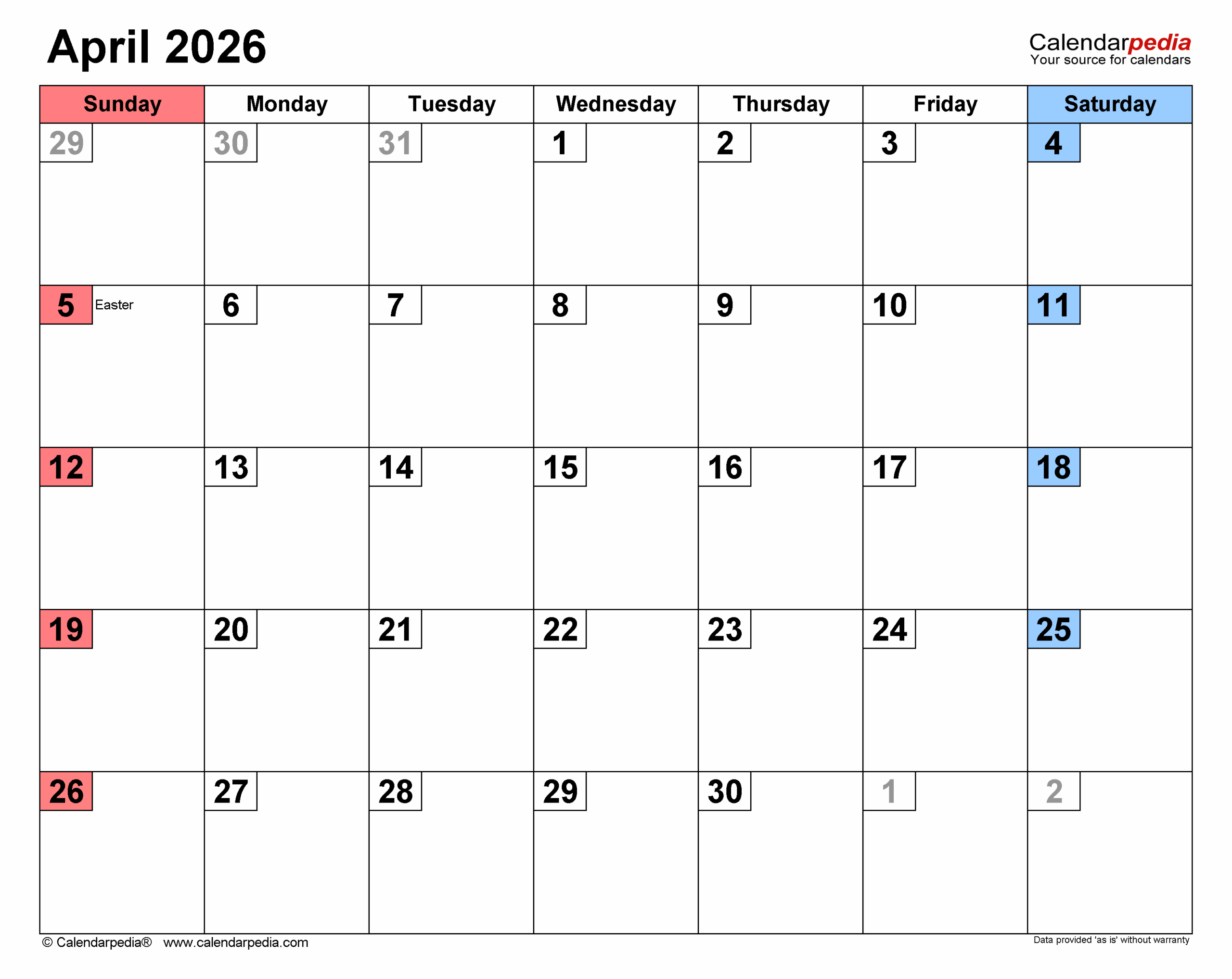 April 2026 Calendar Templates For PDF Excel And Word