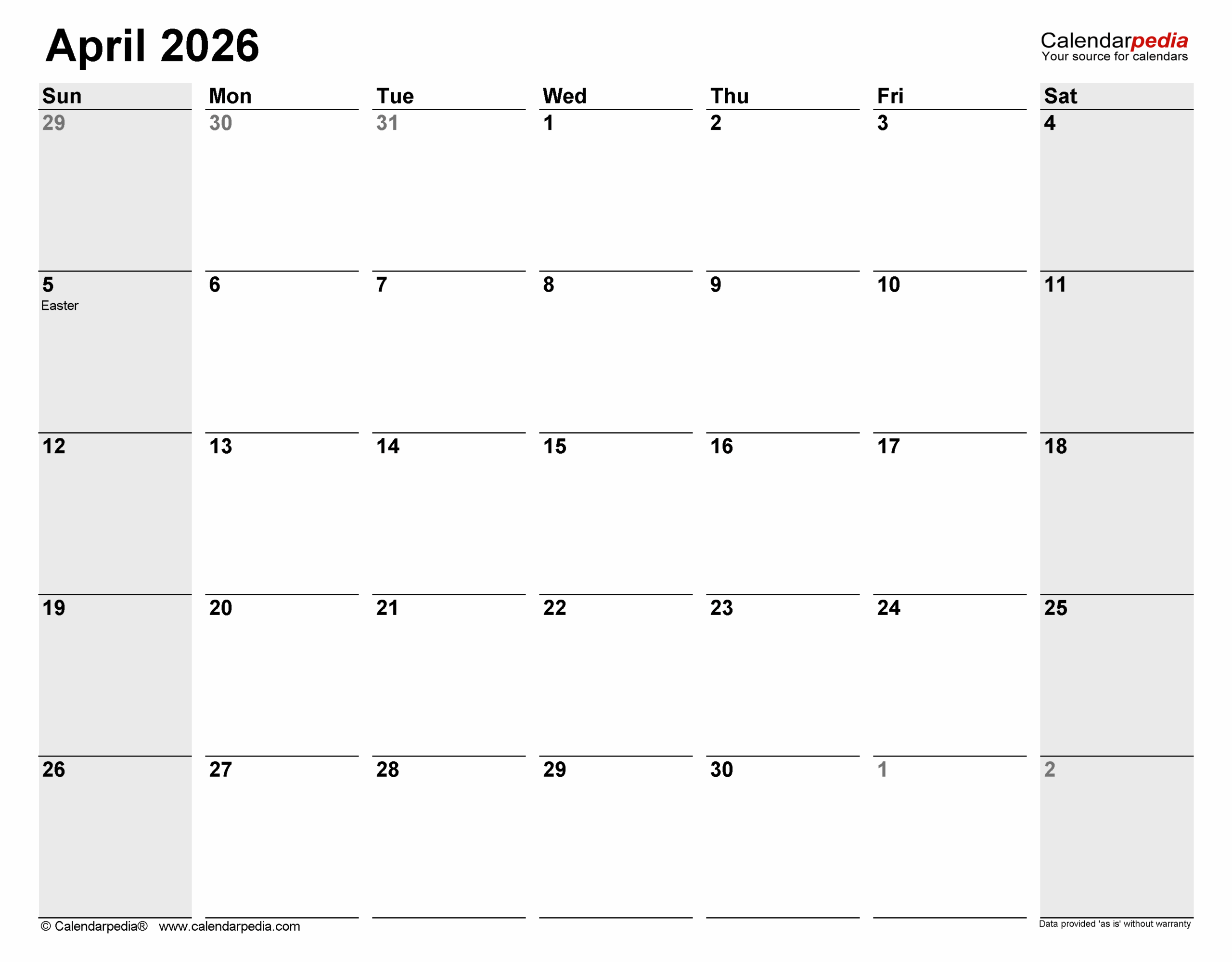 April 2026 Calendar Editable Word