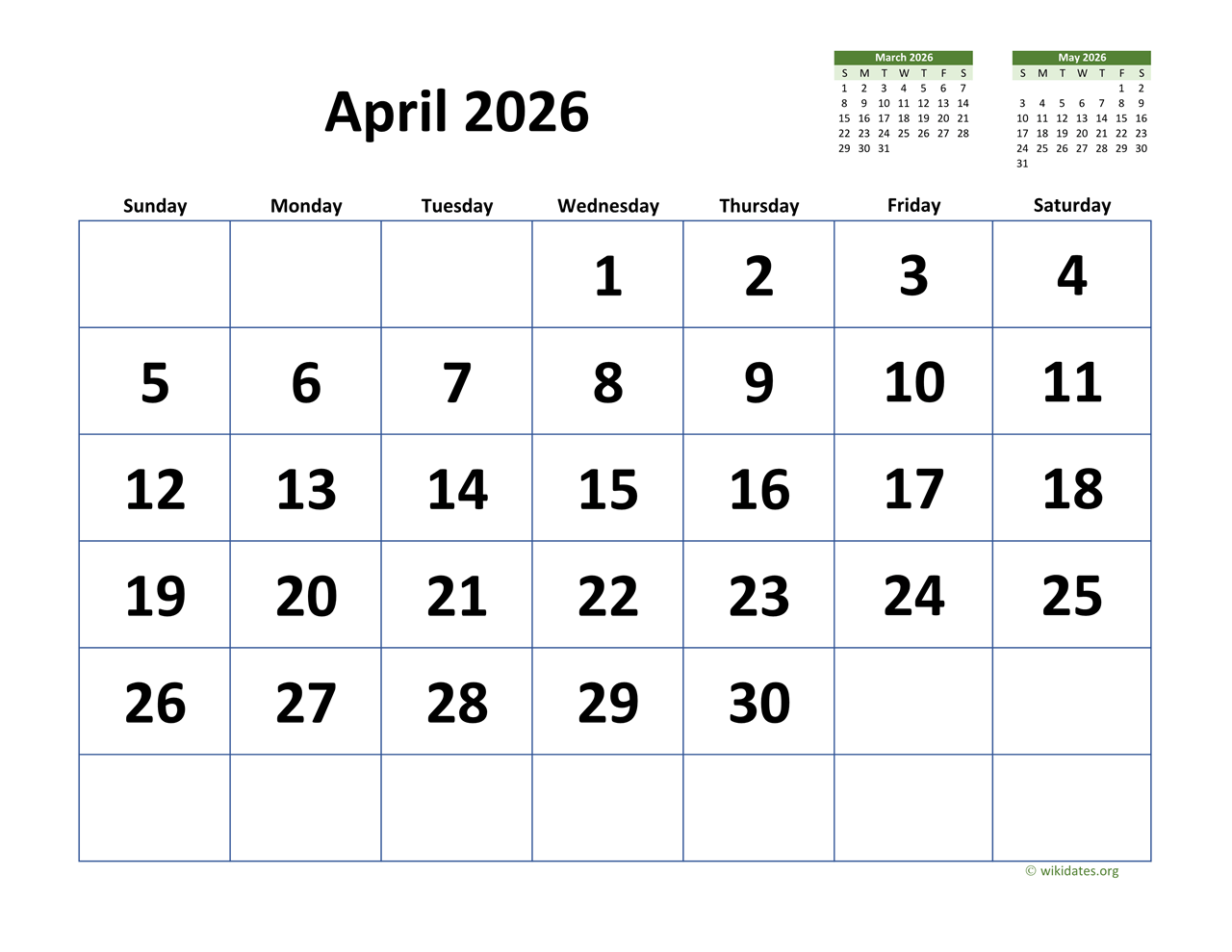 April 2026 Calendar Govt