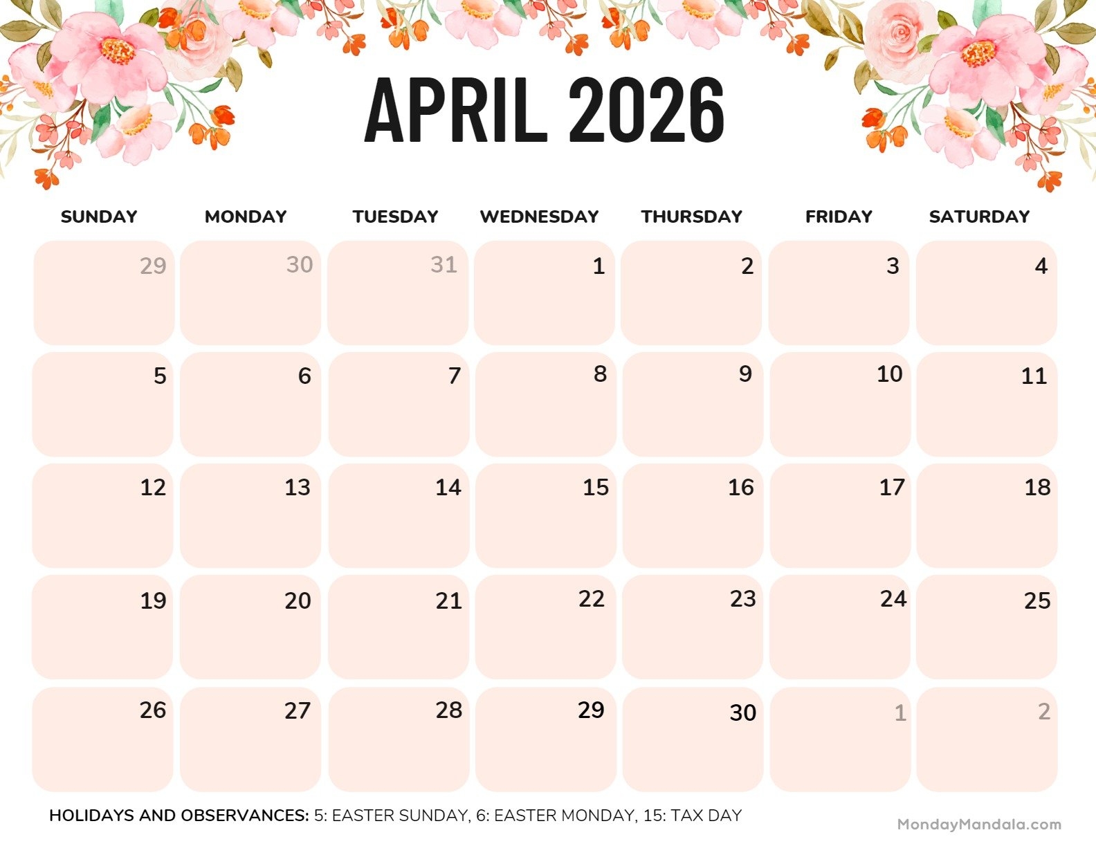April 2026 Coloring Calendar April 2026 Coloring Calendar
