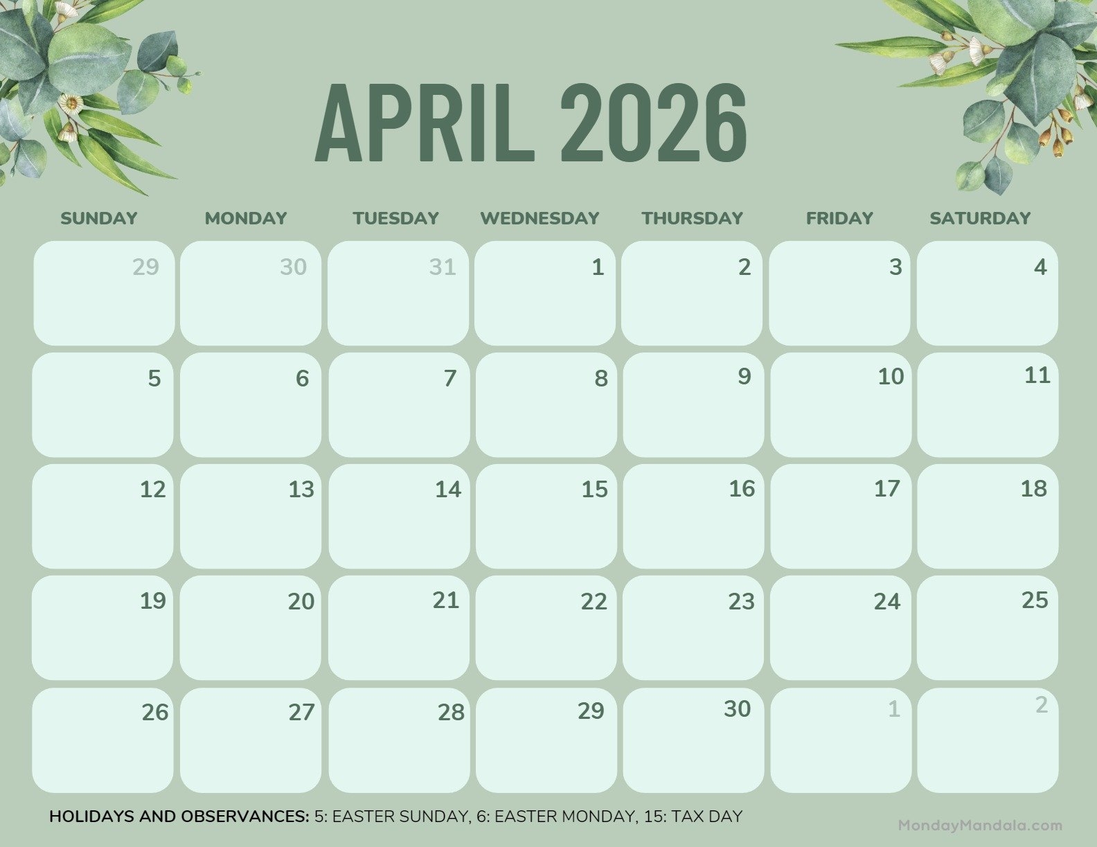 April 2026 Calendars Free PDF Printables 