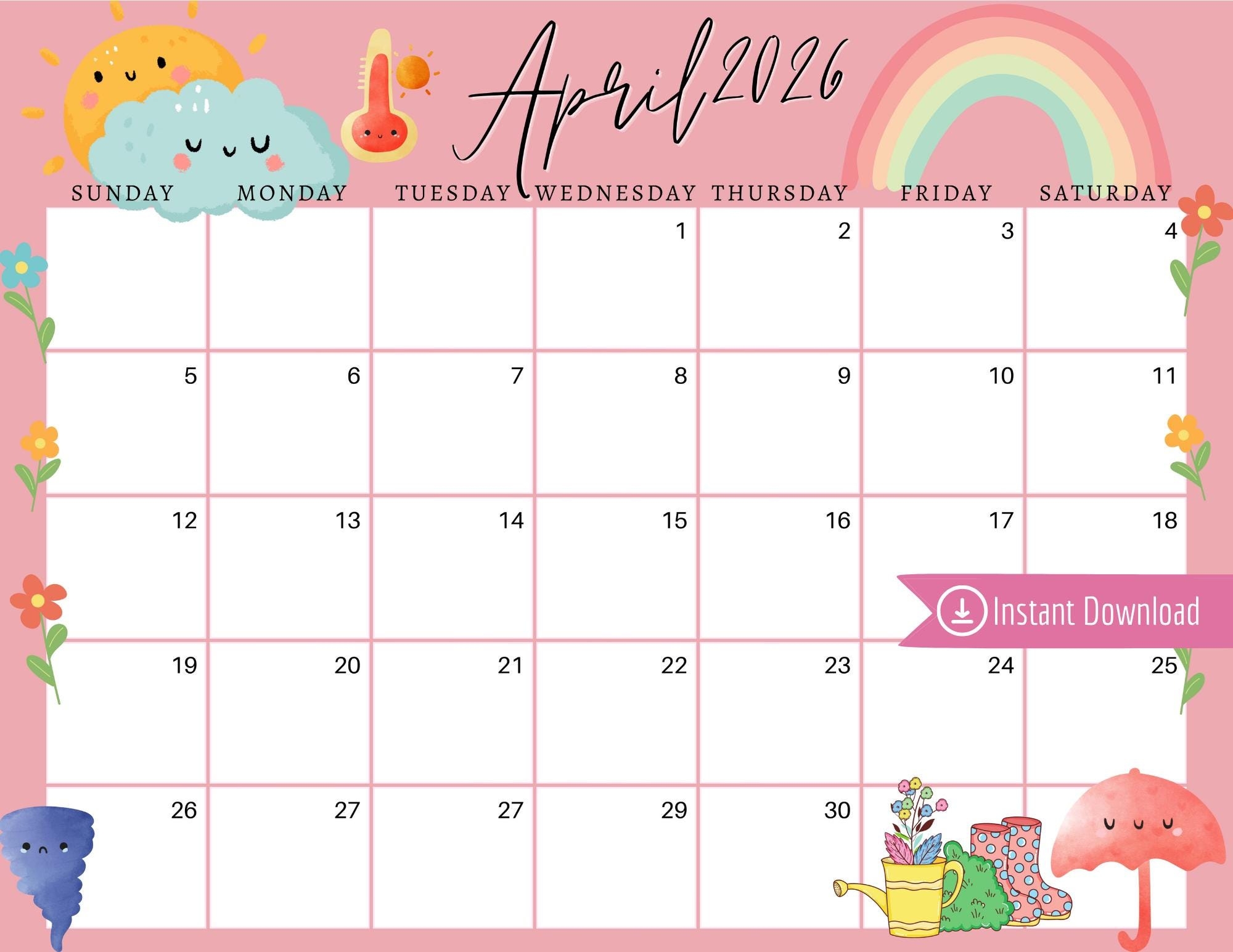 April 2026 Digital Calendar Light Pink Easter Sunday Editable Fillable Printable Calendar For Planning PDF PNG And JPG Download Etsy UK