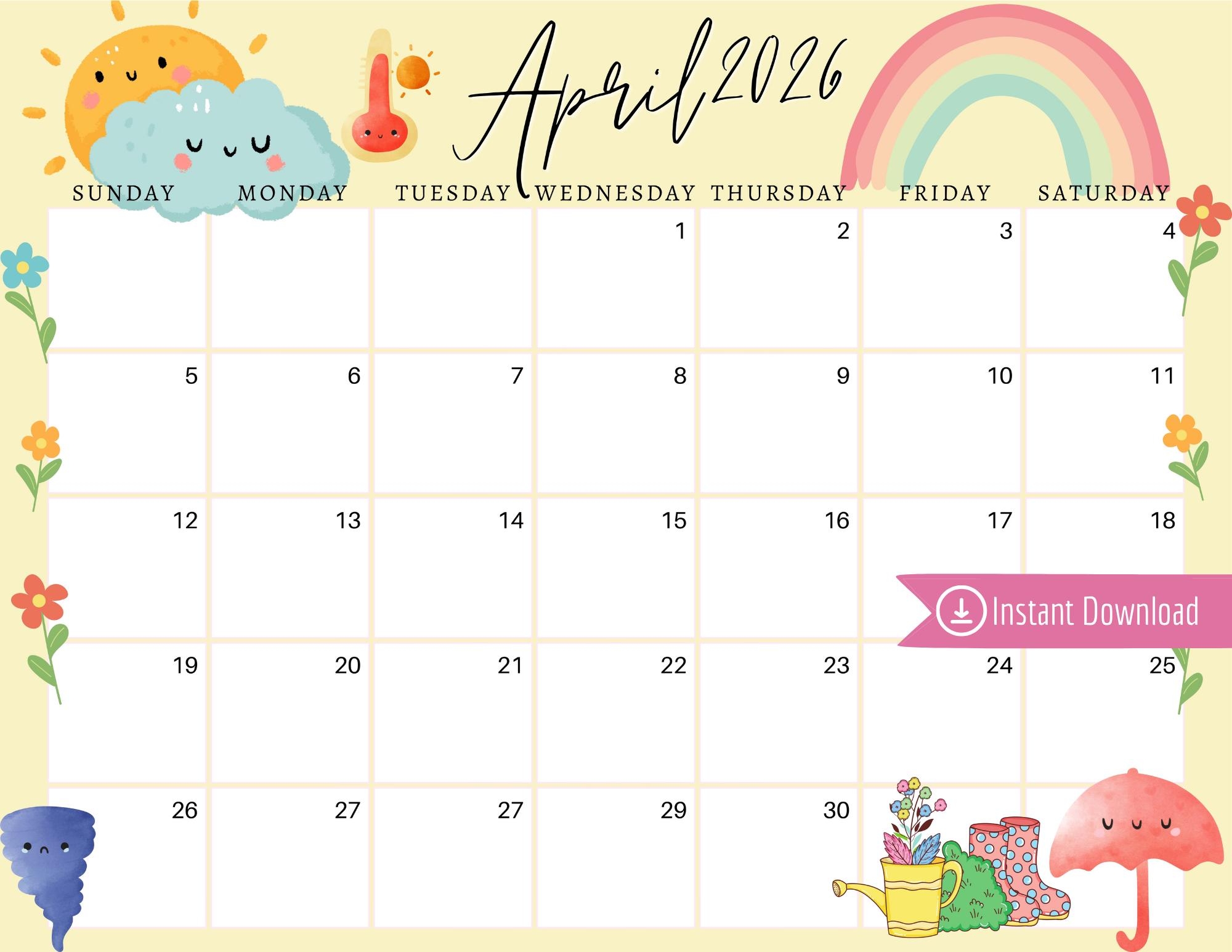April 2026 Digital Calendar Light Yellow April Showers Editable April 2026 Digital Calendar Light Yellow April Showers Editable