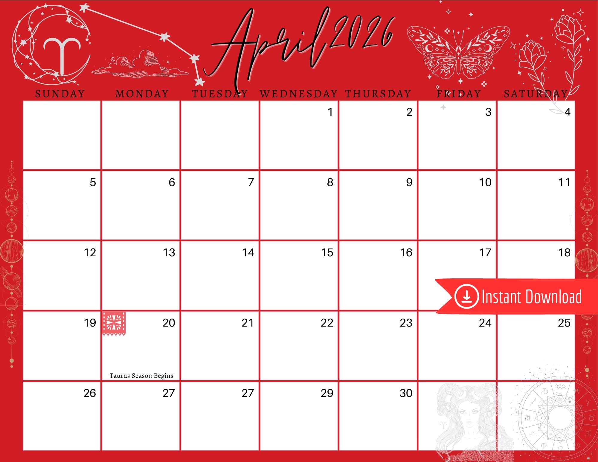 April 2026 Digital Calendar Red And Silver Aries Season Editable April 2026 Digital Calendar Red And Silver Aries Season Editable
