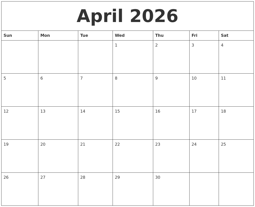 29th April 2026 Calendar 29th April 2026 Calendar