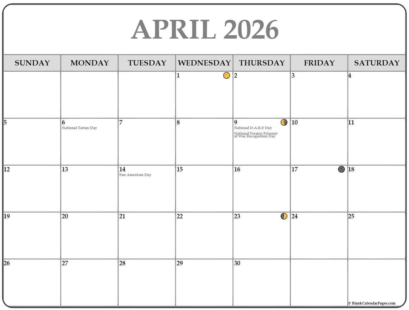 April 2026 Lunar Calendar Moon Phase Calendar