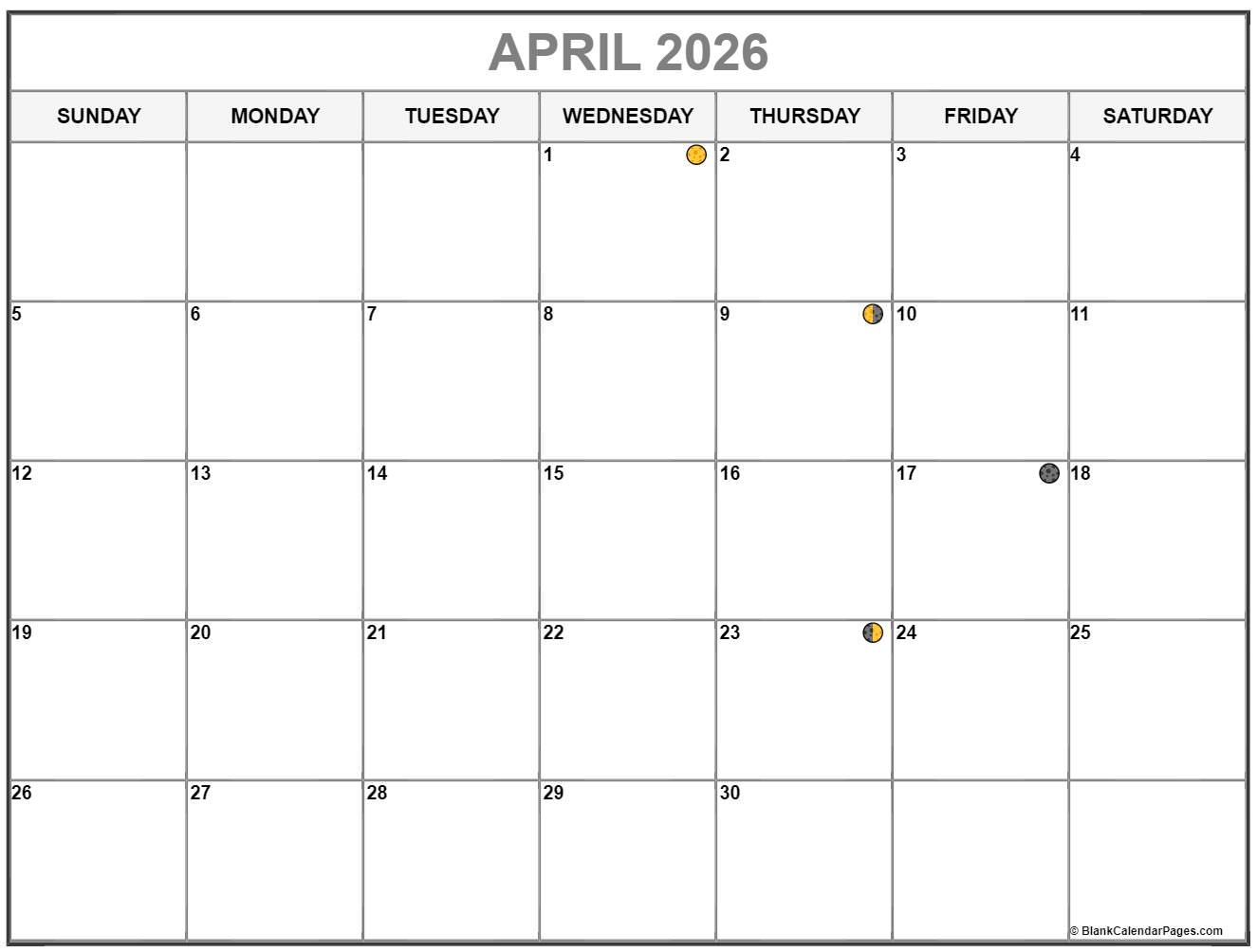 April 2026 Lunar Calendar Moon Phase Calendar
