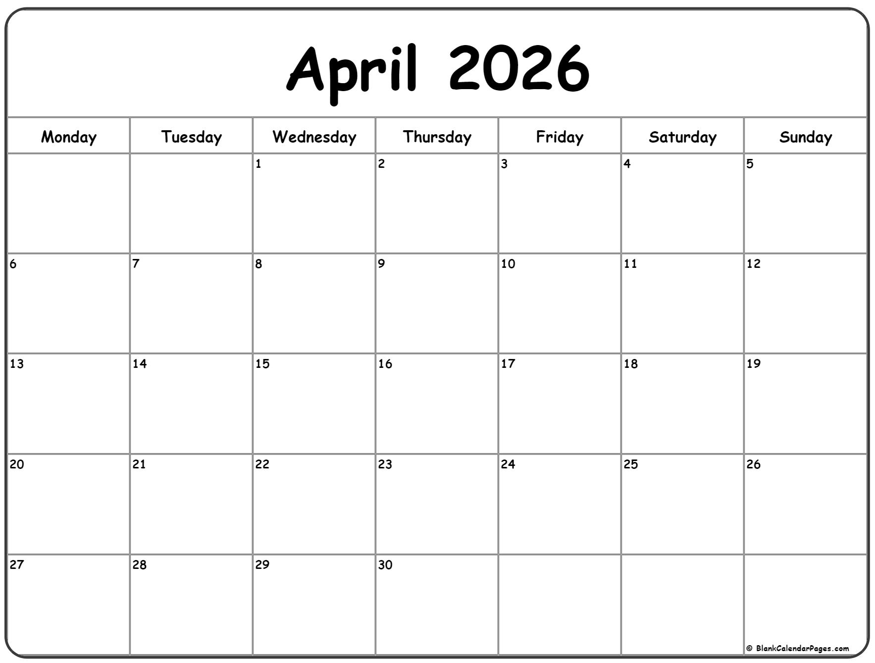 April 2026 Monday Calendar Monday To Sunday April 2026 Monday Calendar Monday To Sunday