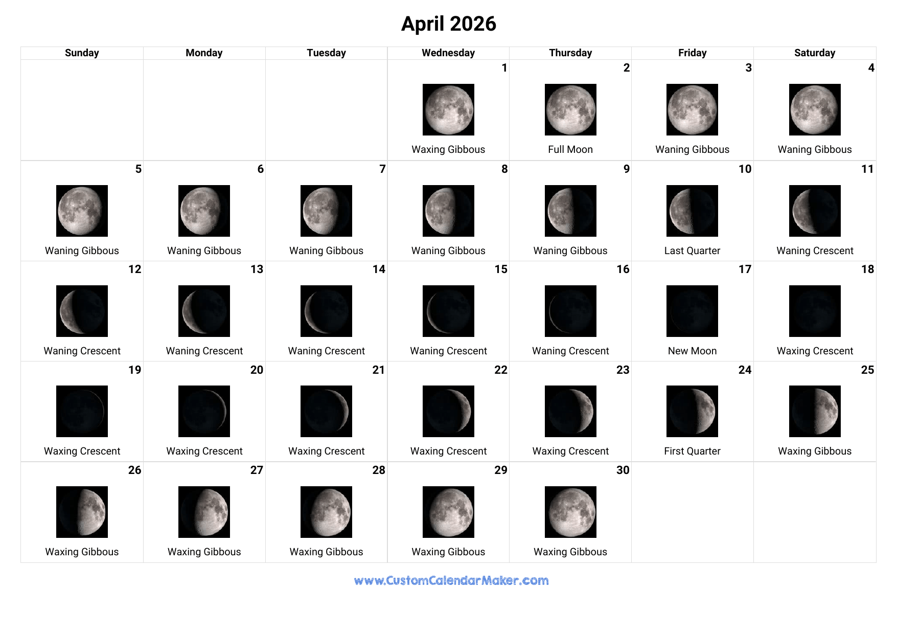 April 2026 Moon Phases Calendar Custom Calendar Maker