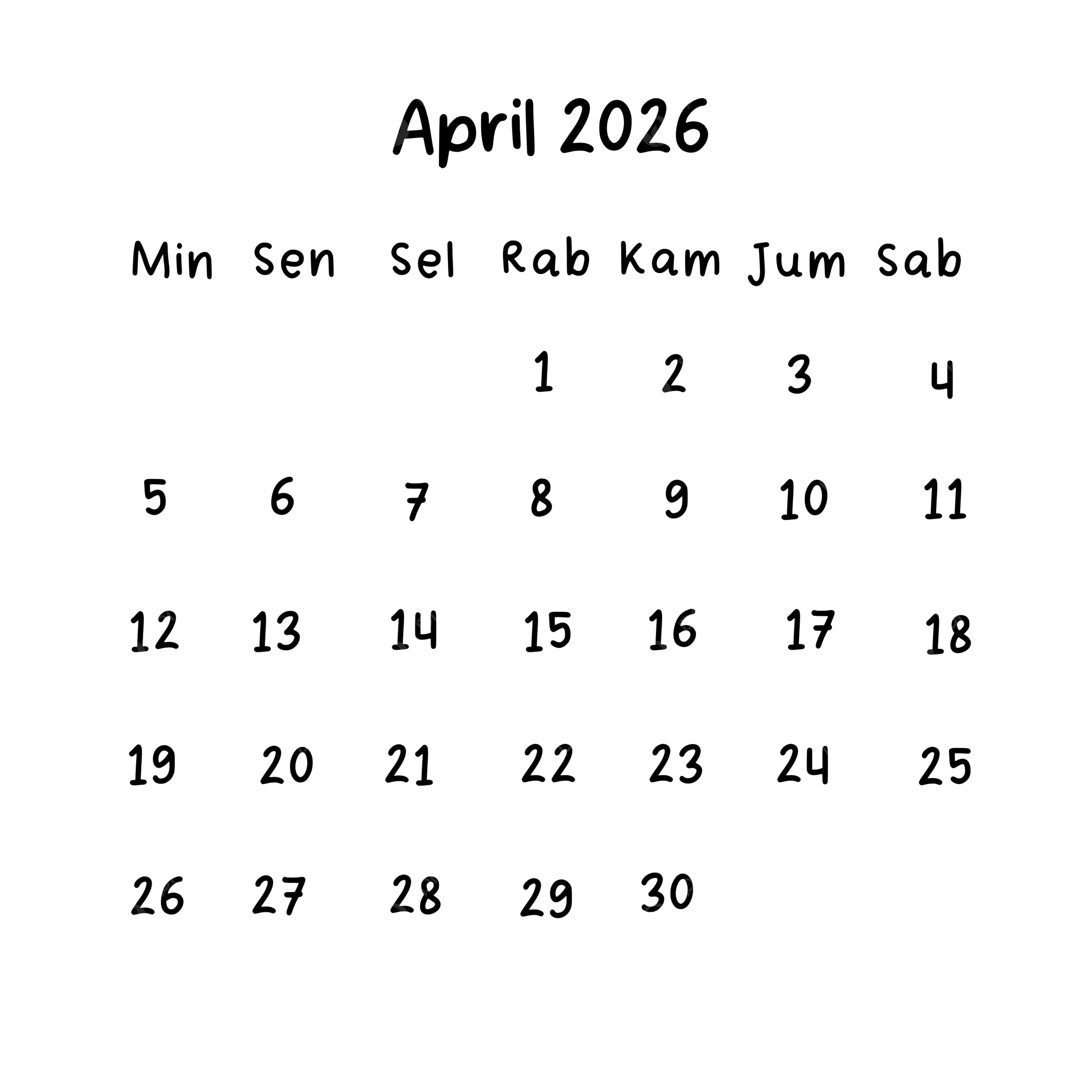 April 2026 Plain Calendar In Indonesian April 2026 Calendar PNG Transparent Clipart Image And PSD File For Free Download