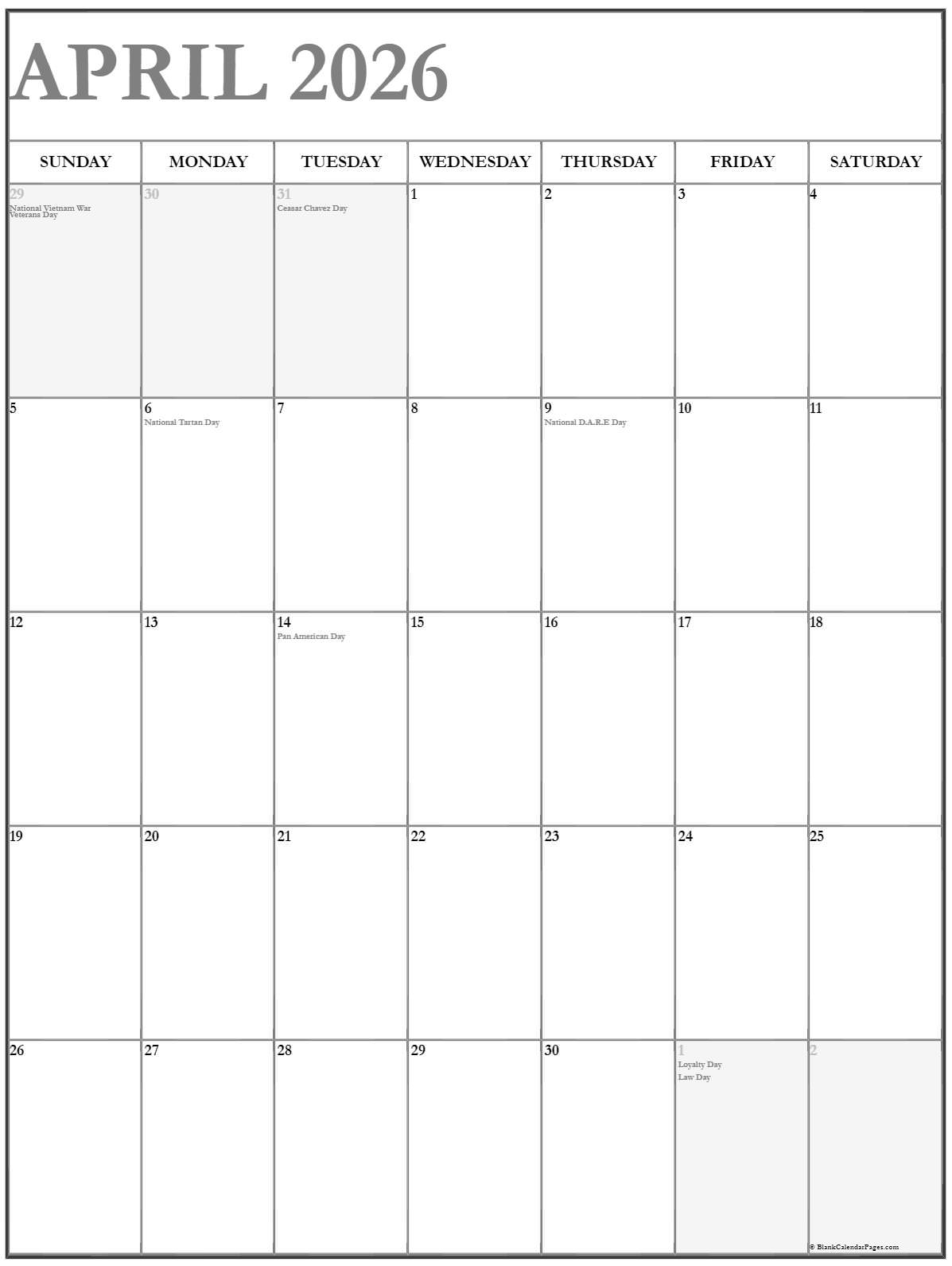 April 2026 Vertical Calendar Portrait April 2026 Vertical Calendar Portrait