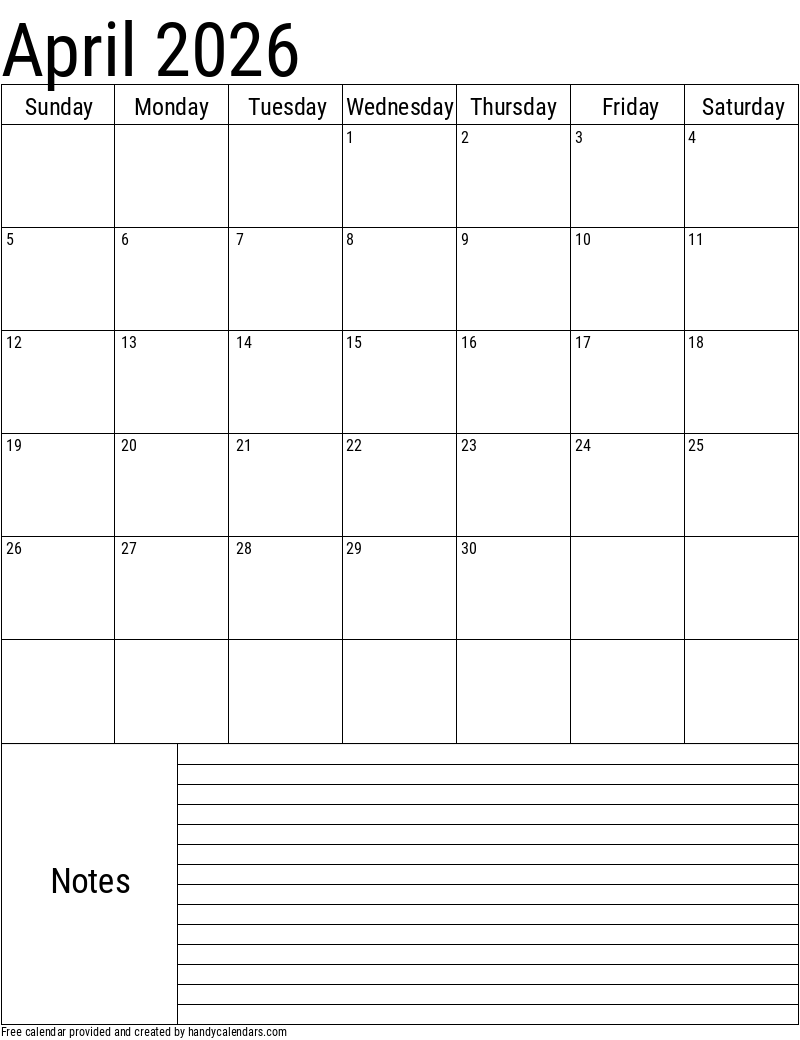 April 2026 Vertical Calendar With Notes Handy Calendars