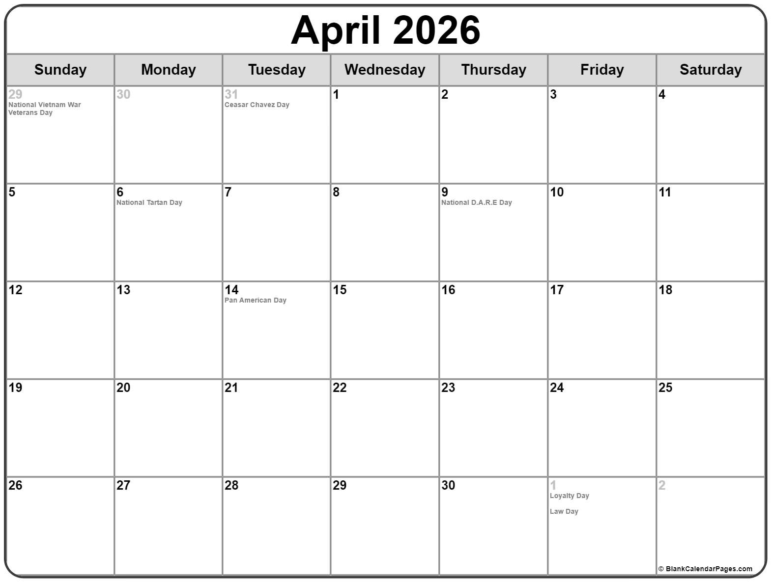 April 2026 Calendar National Days April 2026 Calendar National Days