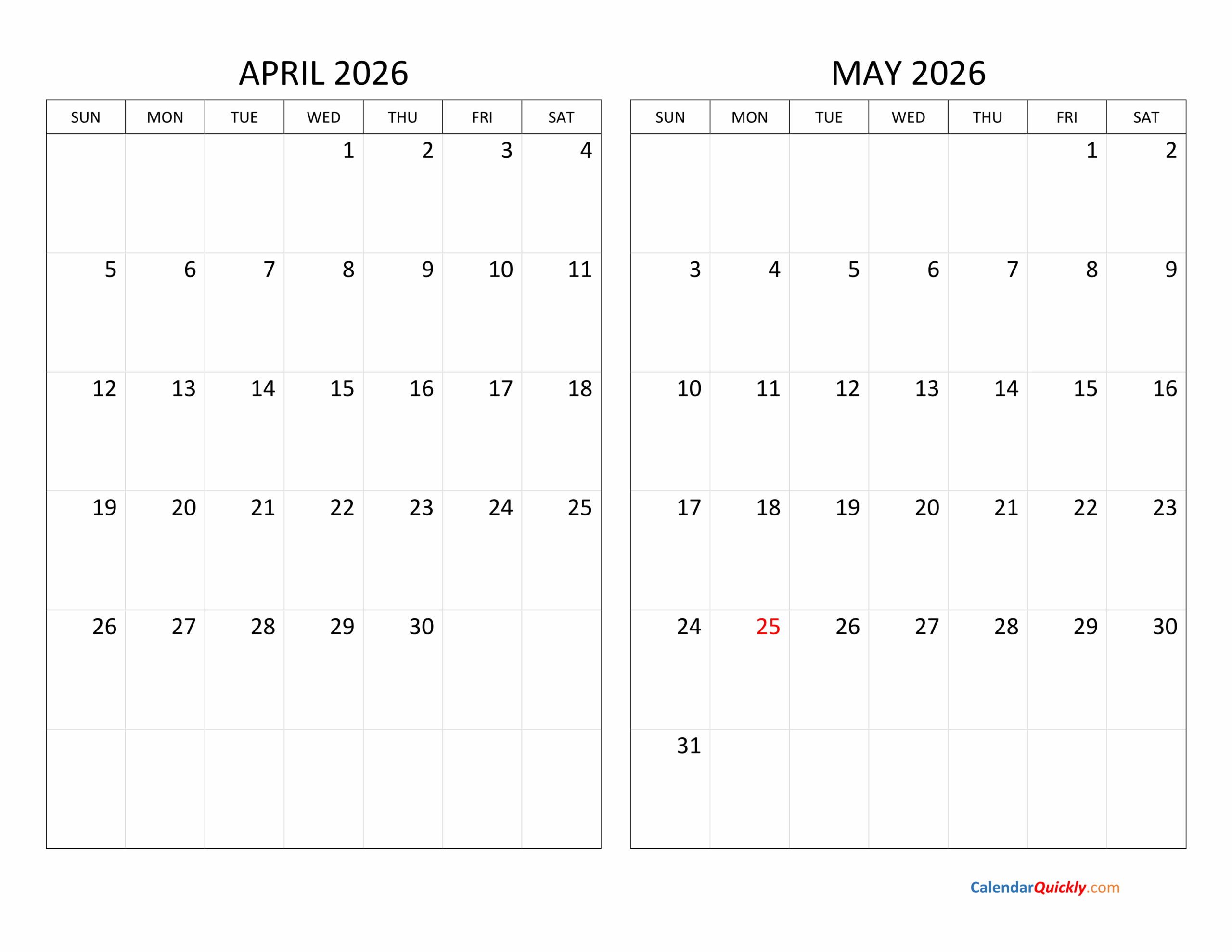 April And May 2026 Calendar Calendar Quickly