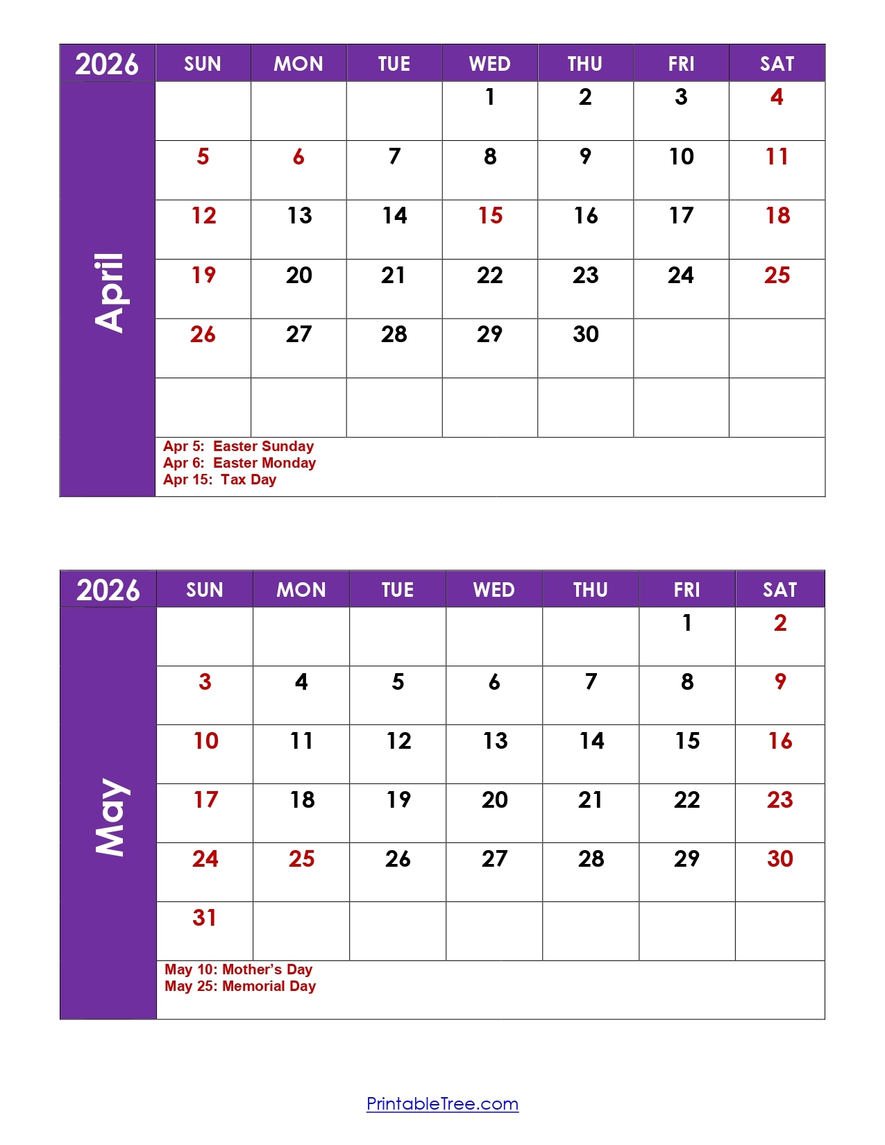 2026 April Calendar With Holidays Printable