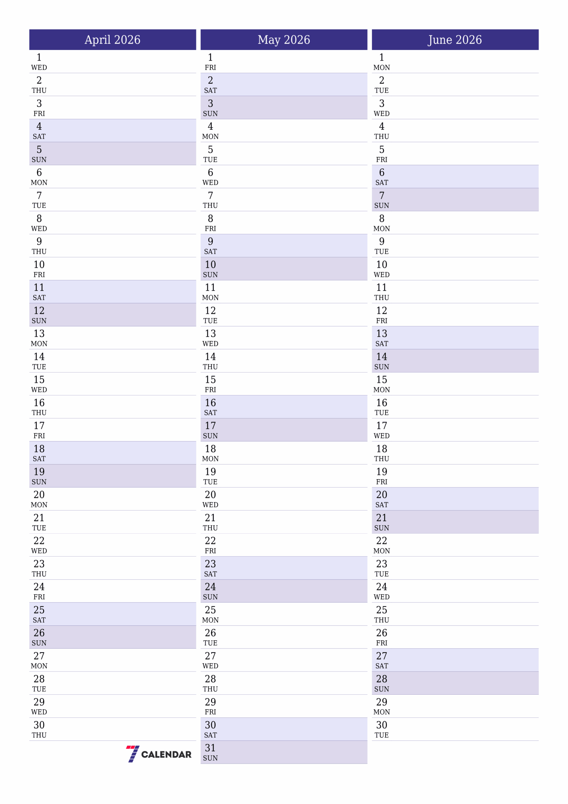 April Calendar 2026 Printable Template 7calendar