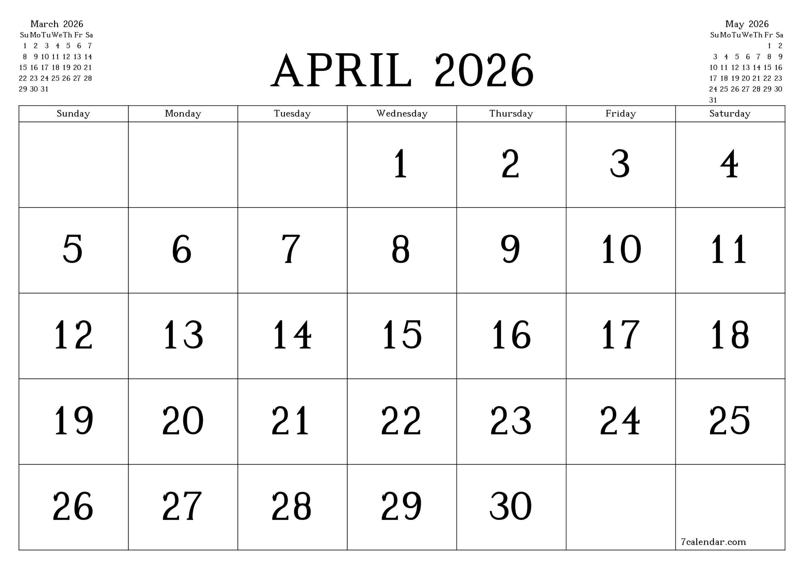 April 2026 Printable Calendar With Notes